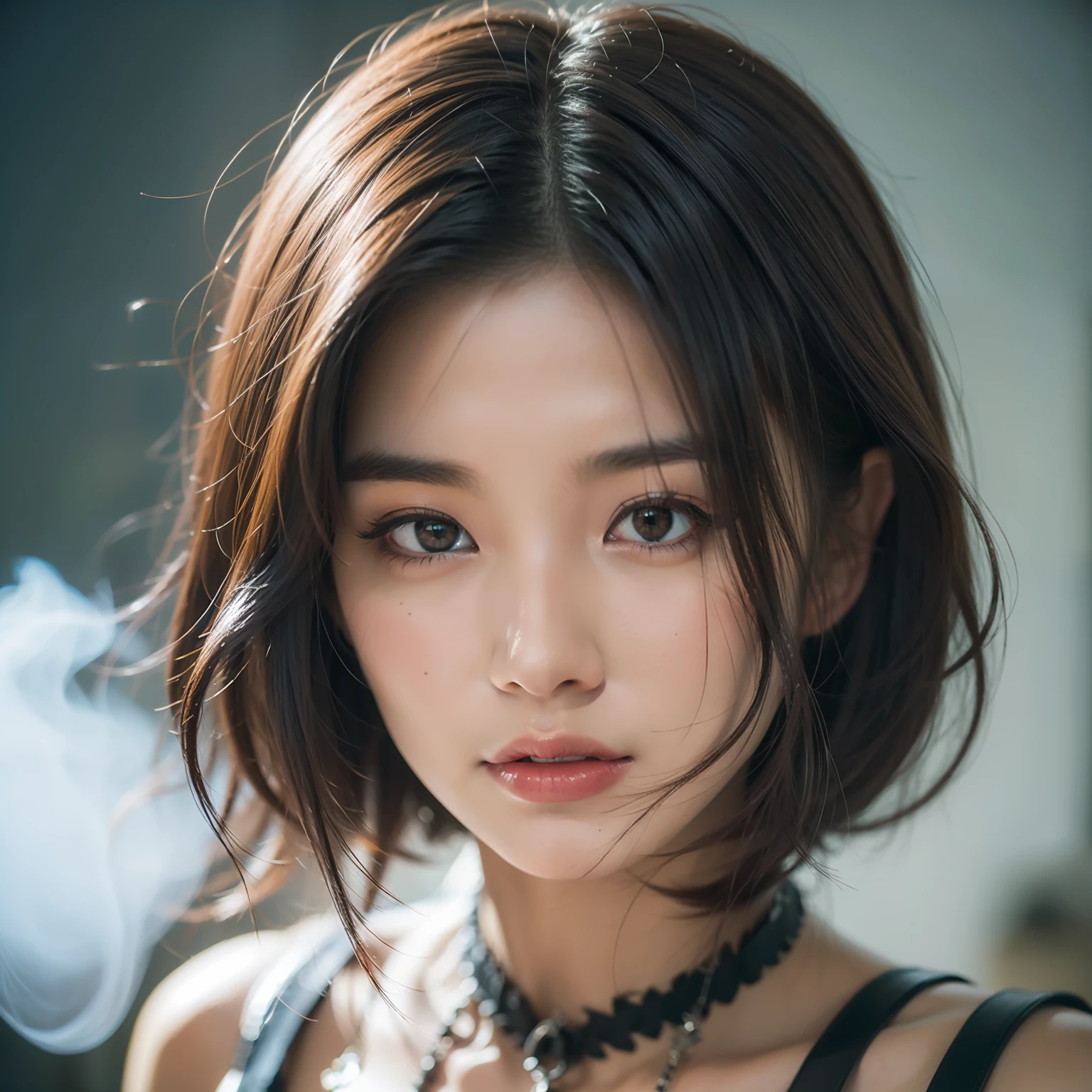 RAW, an asian woman, 4k color photography portrait, soft portrait 8k shot, beautiful young korean woman,Diablo IV Lilith, succubus, in hell fire and smoke enveloped, portrait, half-body, looking forward, ((highly detailed skin, skin details)), sharp focus, volumetric mist, 8k UHD, DSLR, high quality, film grain, Fujifilm XT3