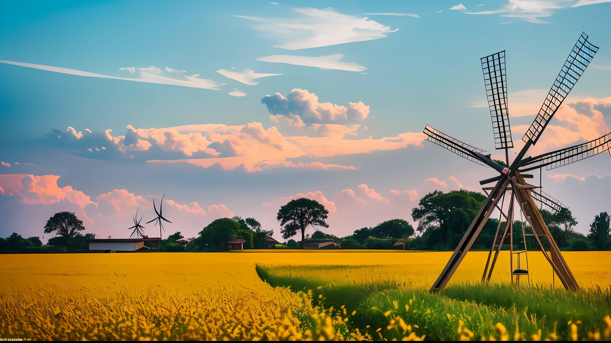 oil painting of a farmer working in his field, grand, bright colors of warm sunlight, with a bright sun, high image quality, full HD, Image of a field full of wheat with ace strong colors, a rich and beautiful field
