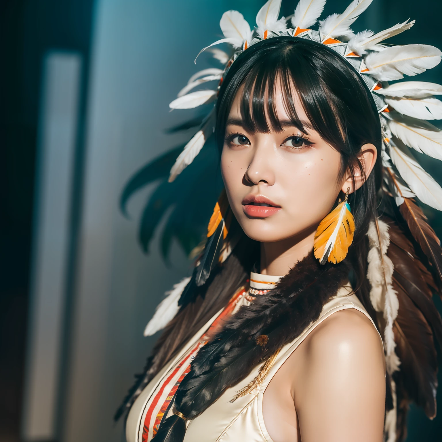 American Indian with large feather headdress, very colorful, about 18 years old, svelted body, lights and shadows, ultadetailed, beautiful body, very detailed, 4K, 8K, photoreal.