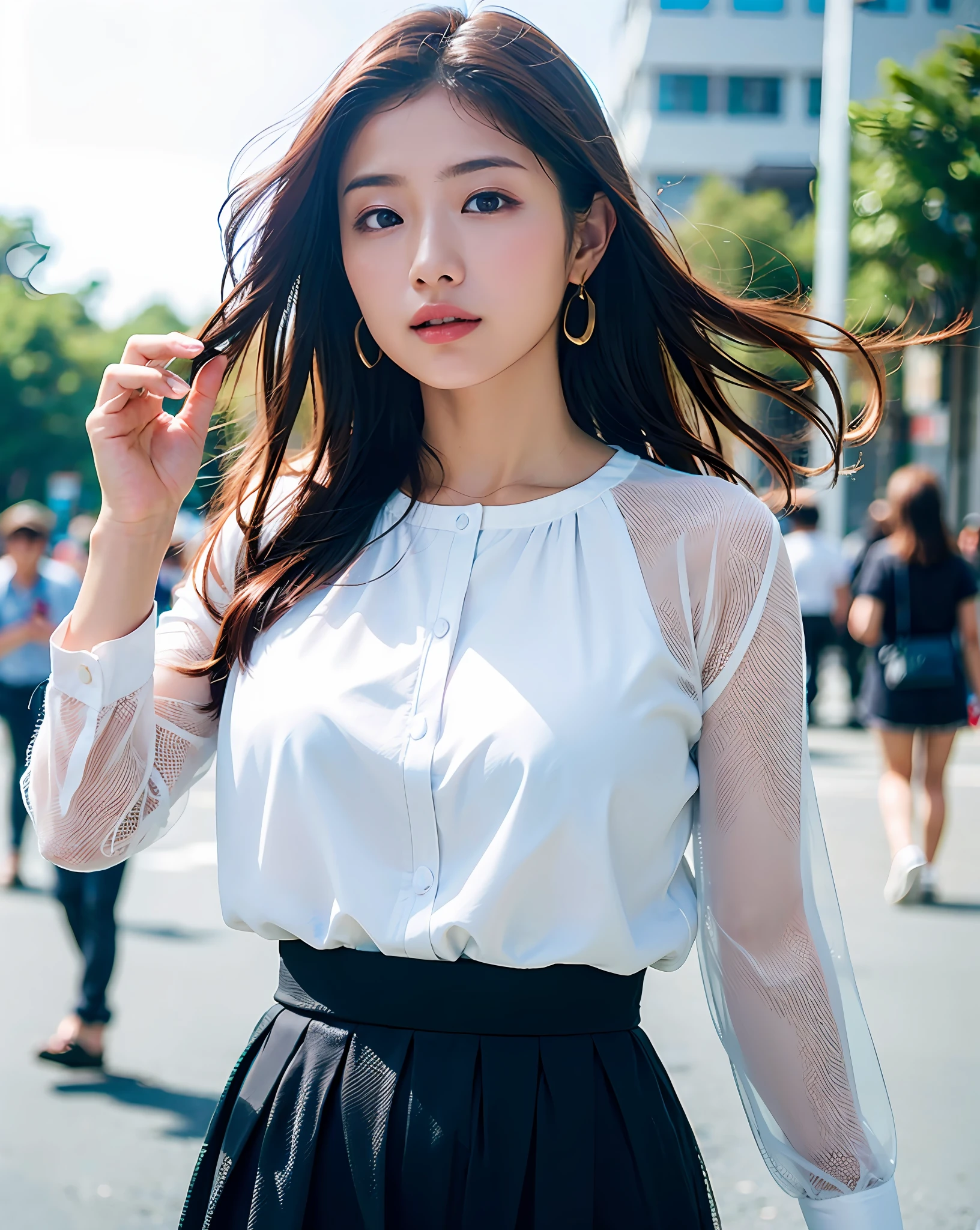 (Woman posing on street corner in transparent dress, highest quality, ((High Definition))), 8k, 1 girl, (huge breasts), Daytime, Bright, Outdoor, (Street: 0.8), (People, Crowd: 1), (Naked: 1.5), Gorgeous, (Medium hair), Beautiful detailed sky, Beautiful earrings, (Dynamic pose: 0.8), (Upper body: 1.2), soft lighting, wind, Lustrous skin, gaze