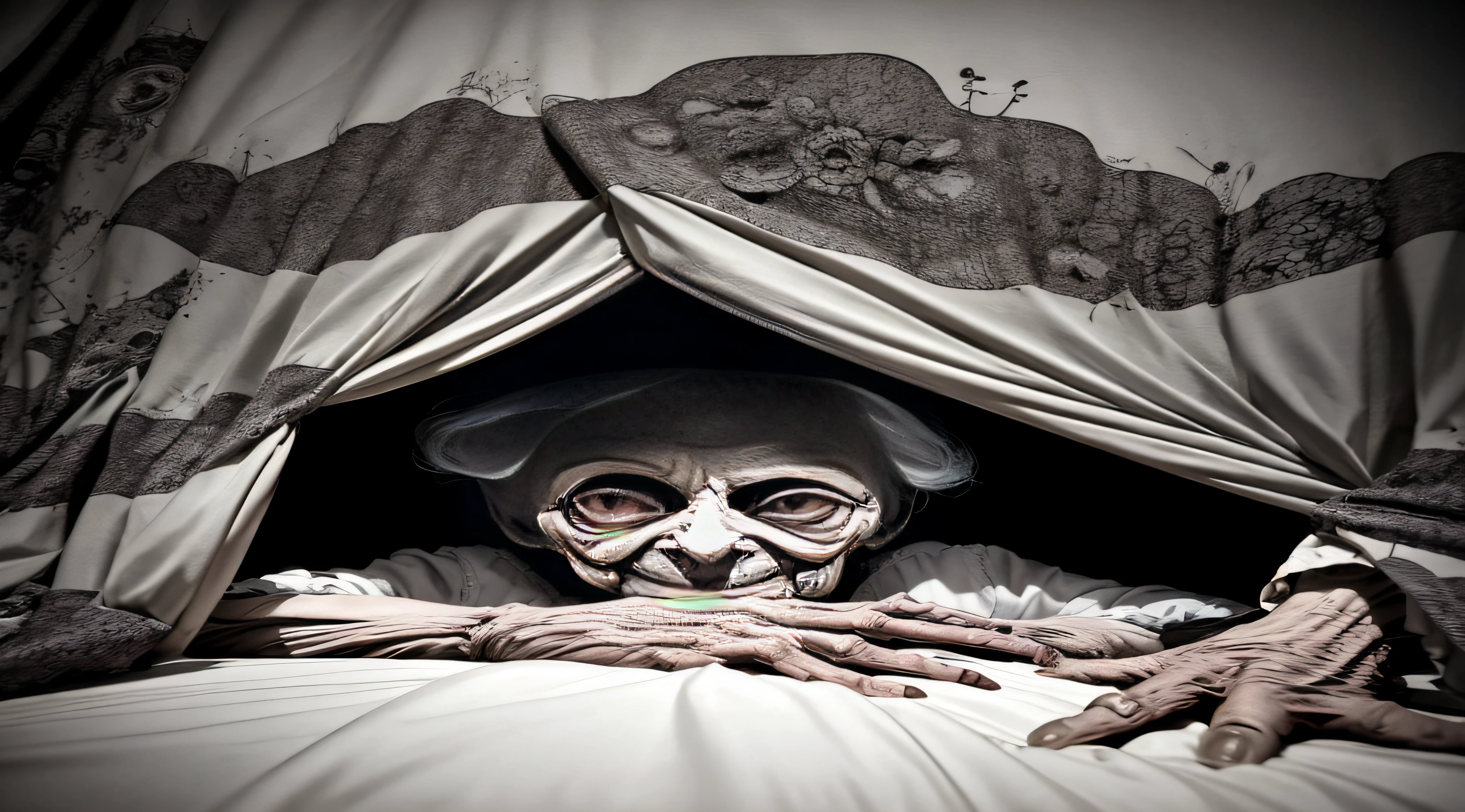underneath the bed, a scariest old lady ever, is watching you, creepy, from the dark, very dark, black sheets, cinematic, dimmed colors, dark shot from the bottom, muted colors, grainy, lut, spooky