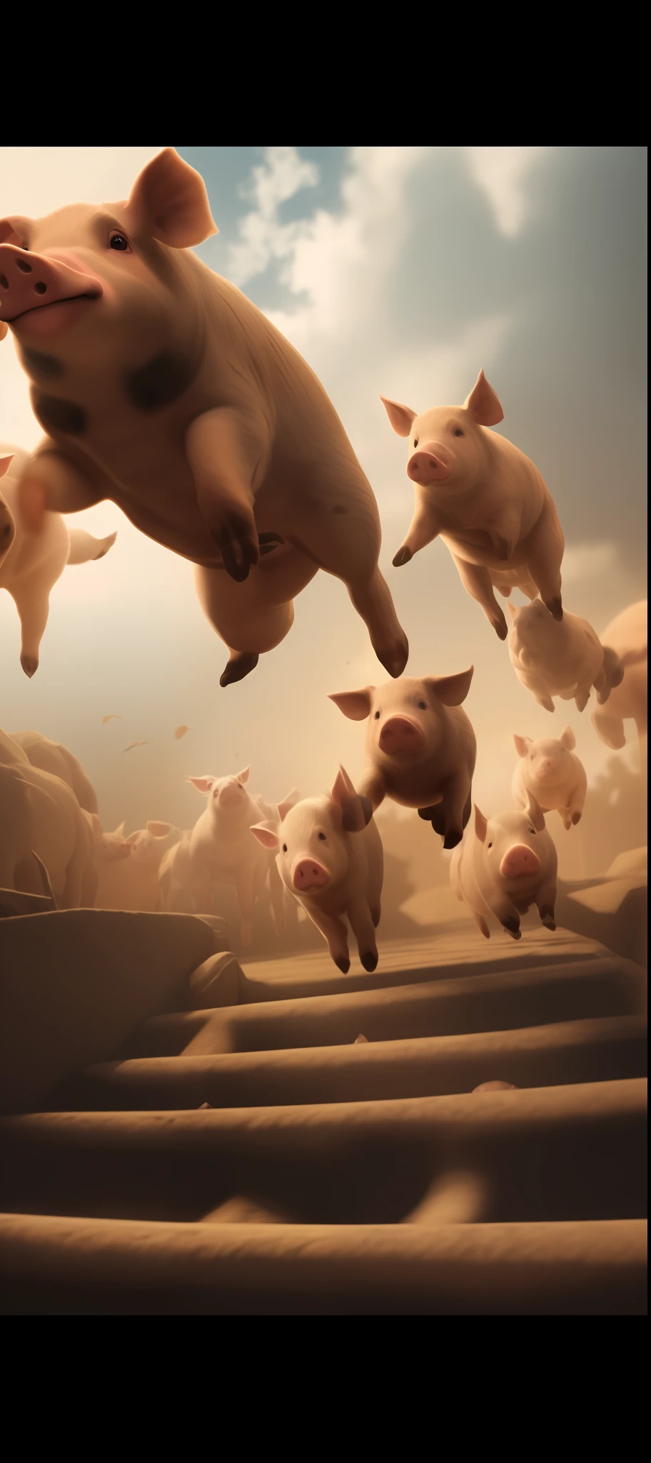 "(extremely detailed CG unity 8k wallpaper, masterpiece, best quality, ultra-detailed), (best lighting), (several pigs, jumping)."