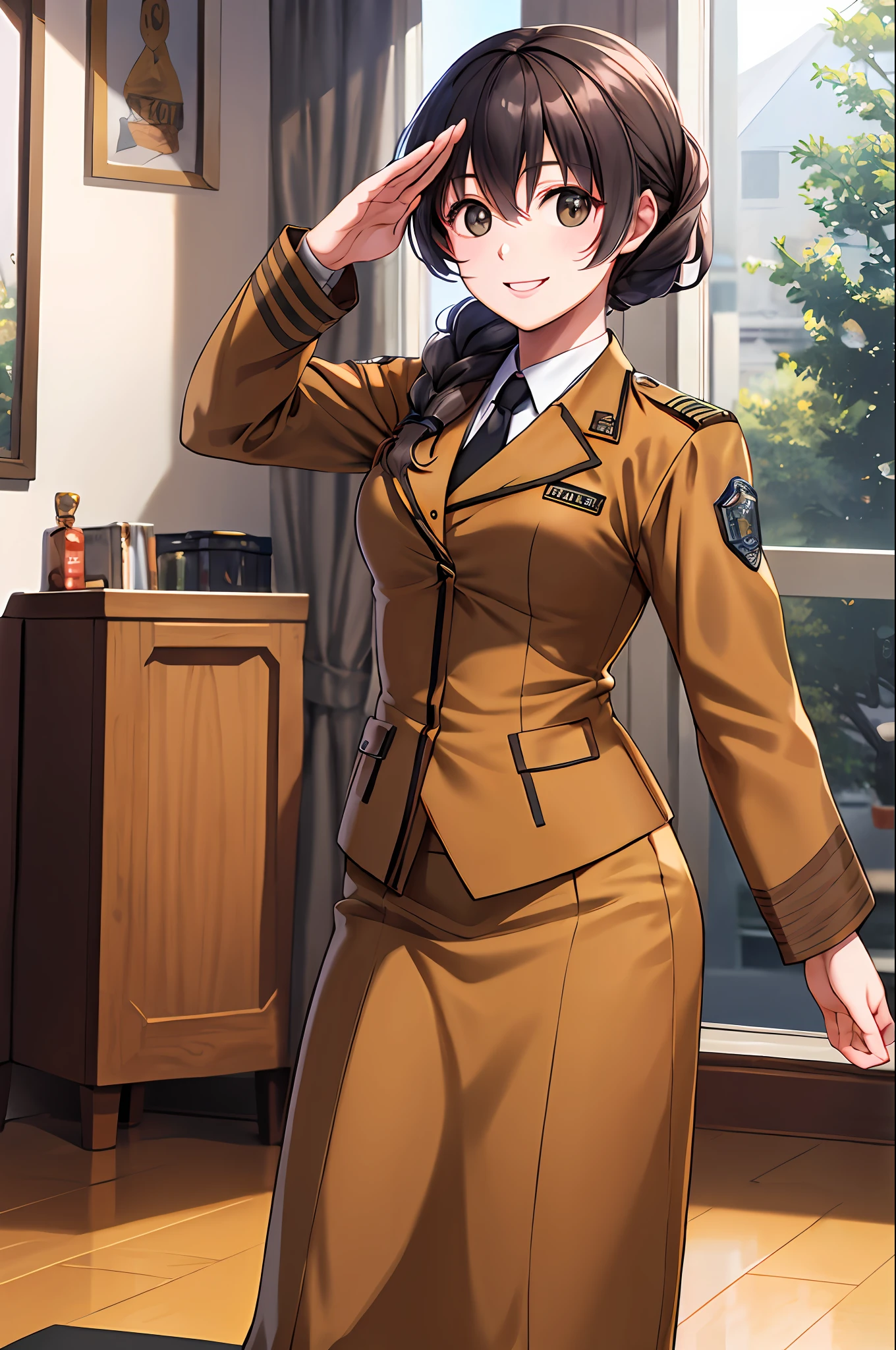 masterpiece, best quality, highres, 1girl, solo, military uniform, long hair, curly hair, hazel eyes, brown hair, black necktie, blue bow, brown skirt, salute, smile, indoors, cowboy shot