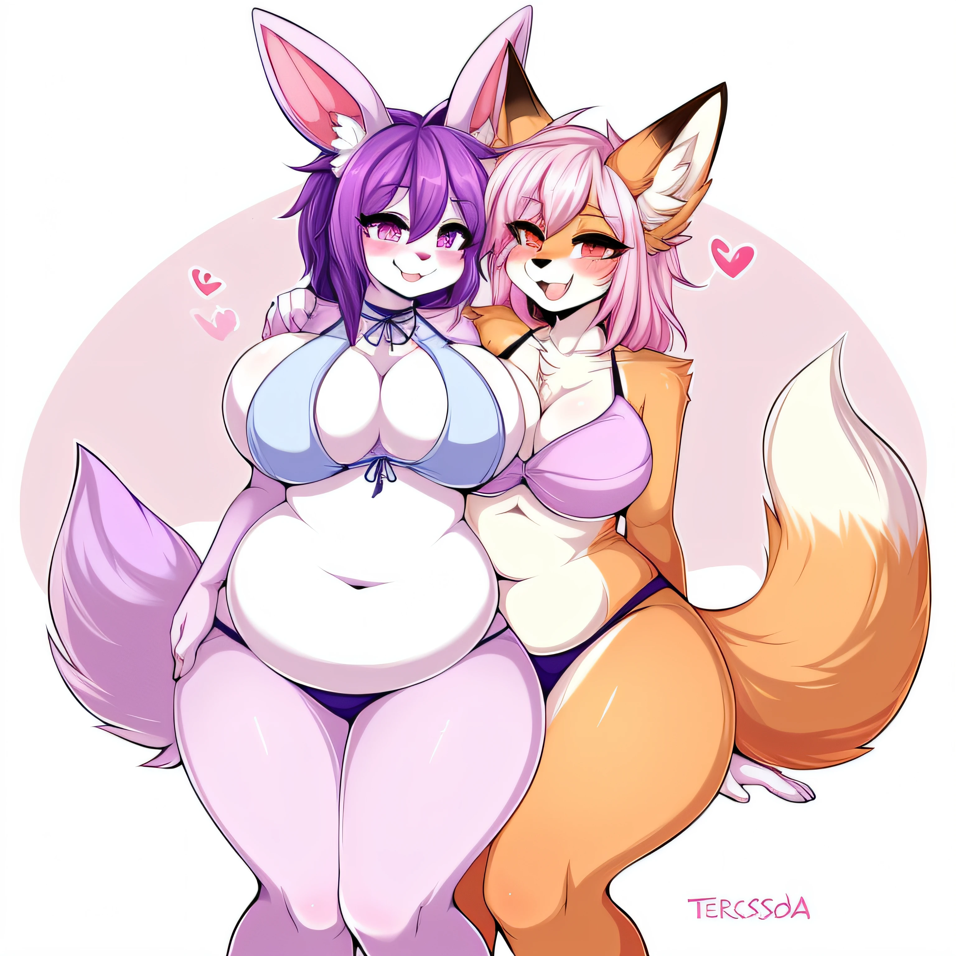 ((masterpiece, best quality, hug)), (Anthro Furry:1.3, Anthro:1.3, Hairy:1.2, Fullbody:1.2, Neckline), by Teranen, (Coffeesoda:1.1), Teranen, Fox, Anthro, Female, Duo, Pleasure Face, Very Chubby, Curvy Thighs, Huge Thighs, (Fox, Fox Ears, Pink Right Iris, Pink Left Iris, Pink Body, White Hair, White Fringe, Pink Hair, Pink Ears, Chest Fluff), Large Breasts,  chubby, ((duo)), (purple bunny, purple hair)