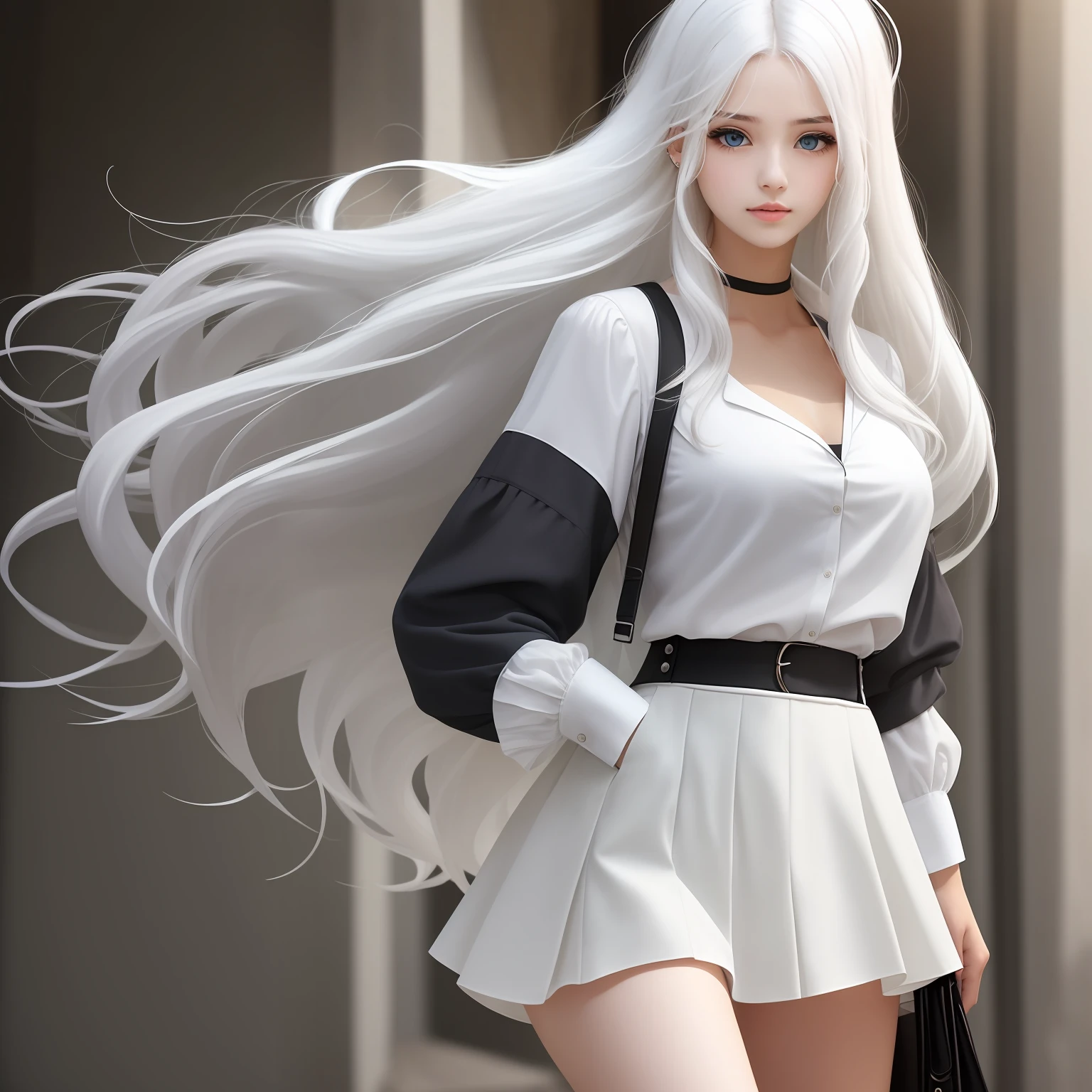 The girl had long white hair, blue eyes and wore a black dress --auto