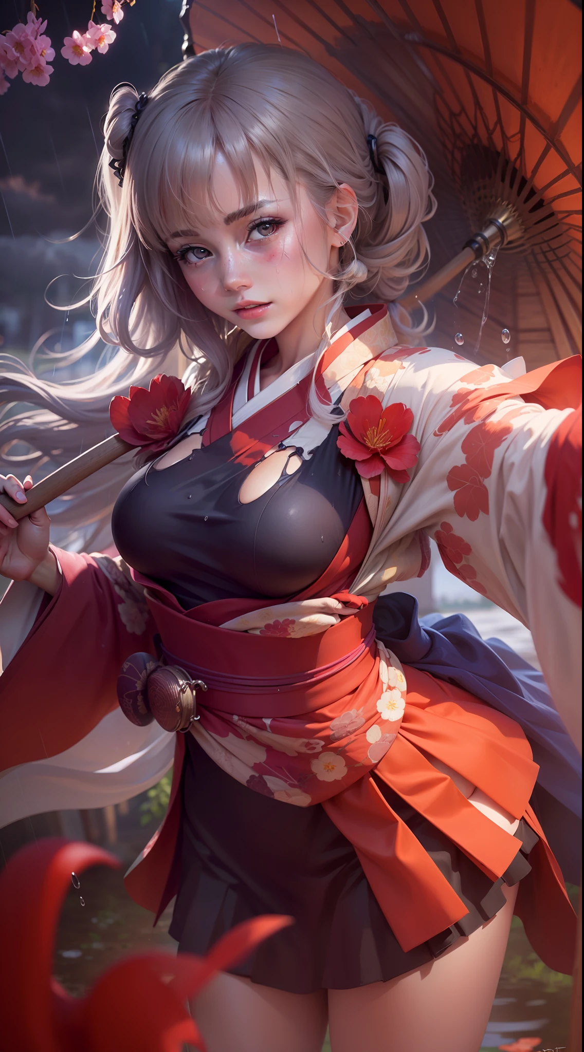 (Best quality, High resolution, photo realistic, realistic, Masterpiece :1.3), short kimono, open kimono, 2yo, big breast, pretty girl, wet clothes 1.3, rainy