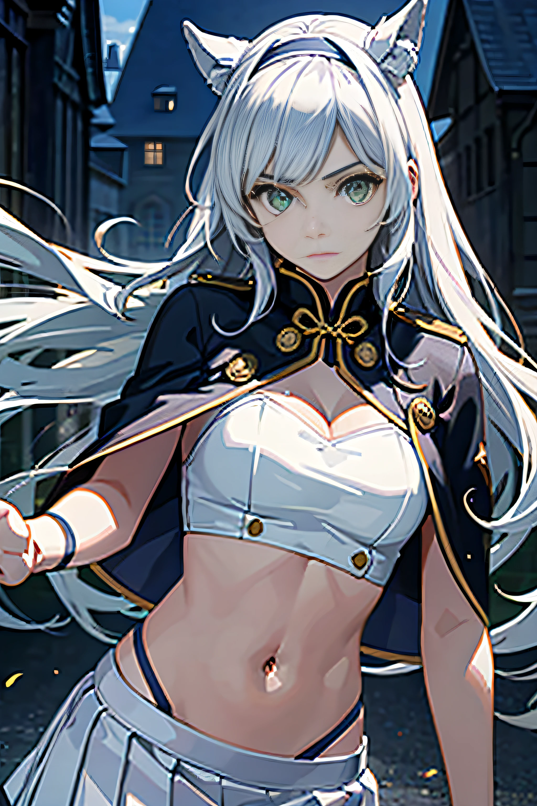 best quality, masterpiece, (photo realisti:1.4), beautiful girl, , oljapanese girl, white hair, green eyes, capelet, crop top, frown, gold trim, hair band, long hair, looking at the viewer, midriff, miniskirt, navel, pleated skirt, shirt, skirt, stomach, white shirt, white skirt, sistineFibeldef, sistineFibelrnd, looking up, upper body demi-human wolf background fantasy world with a large castle in the background Floating
