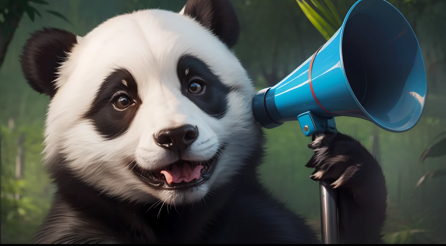 Panda with a megaphone in his mouth