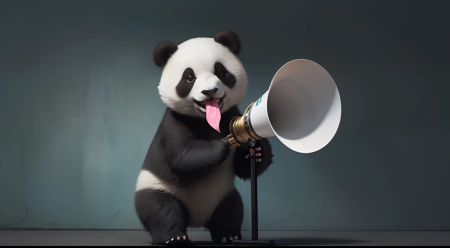 Panda with a megaphone in his mouth