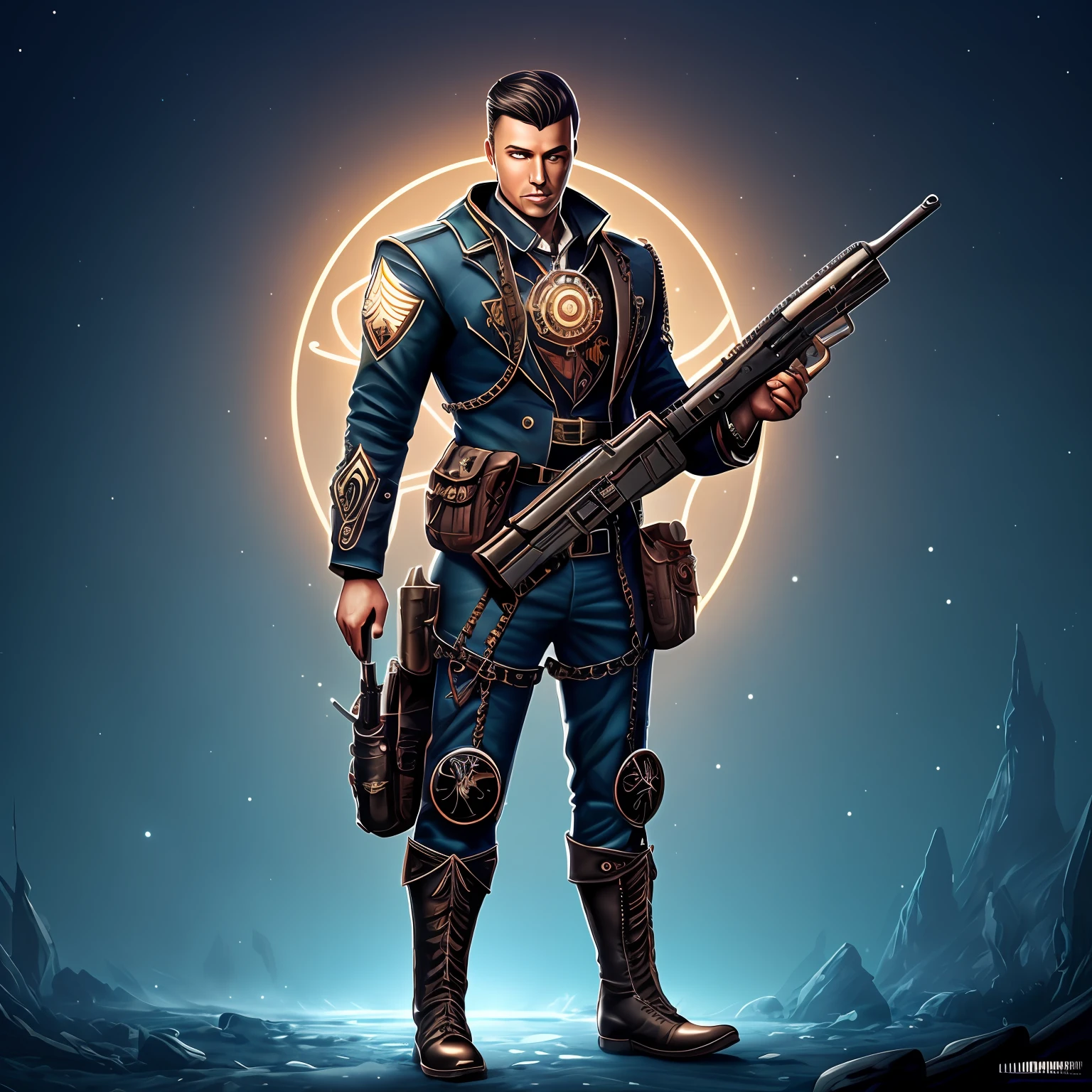 Full body Marine, tattooed with bioluminescent runes on arms, legs and torso, holding a gun in his left hand, steampunk style, thick, high detail, digital painting, concept art, sharp focus, illustration