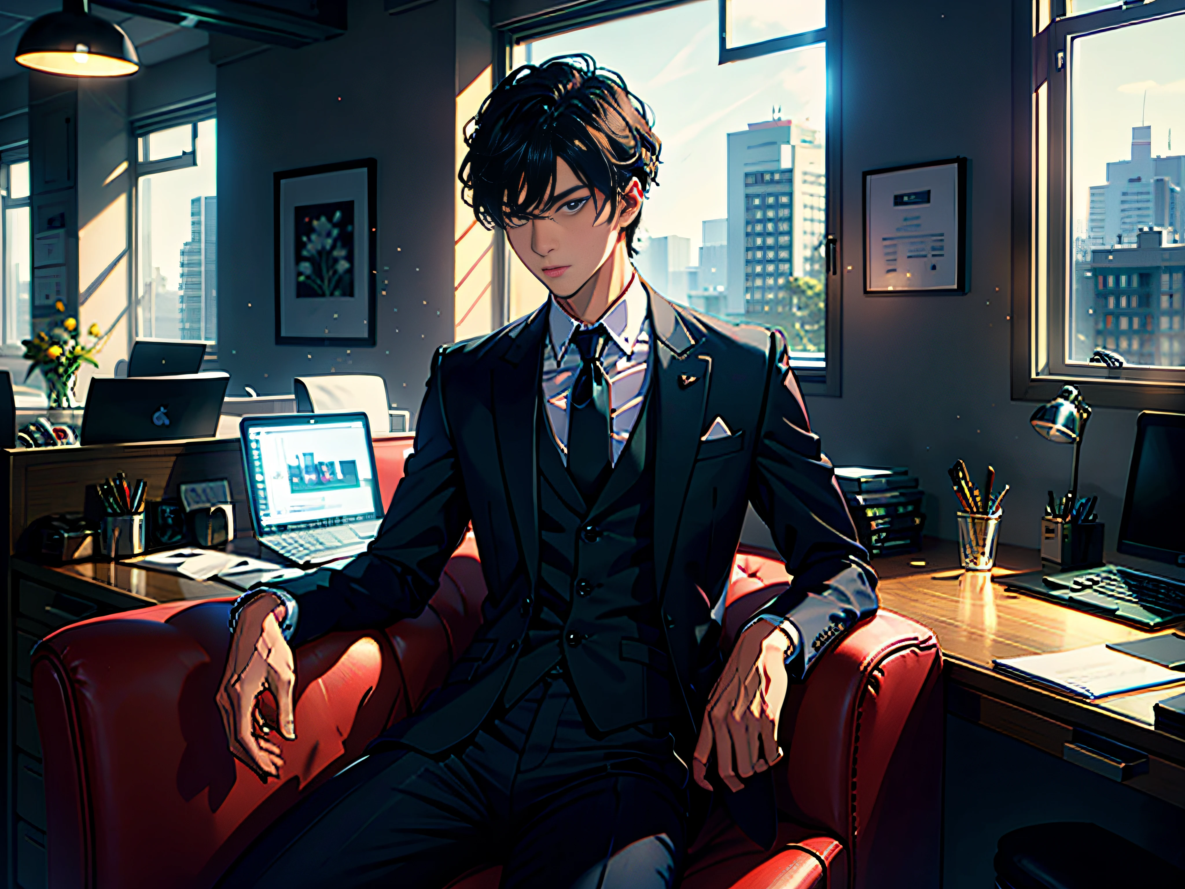 A handsome boy, sitting on a luxury sofa in the office, behind a floor-to-ceiling window, a serious face, looking straight ahead, wearing a black suit and shirt, hair is in the middle, hands crossed
