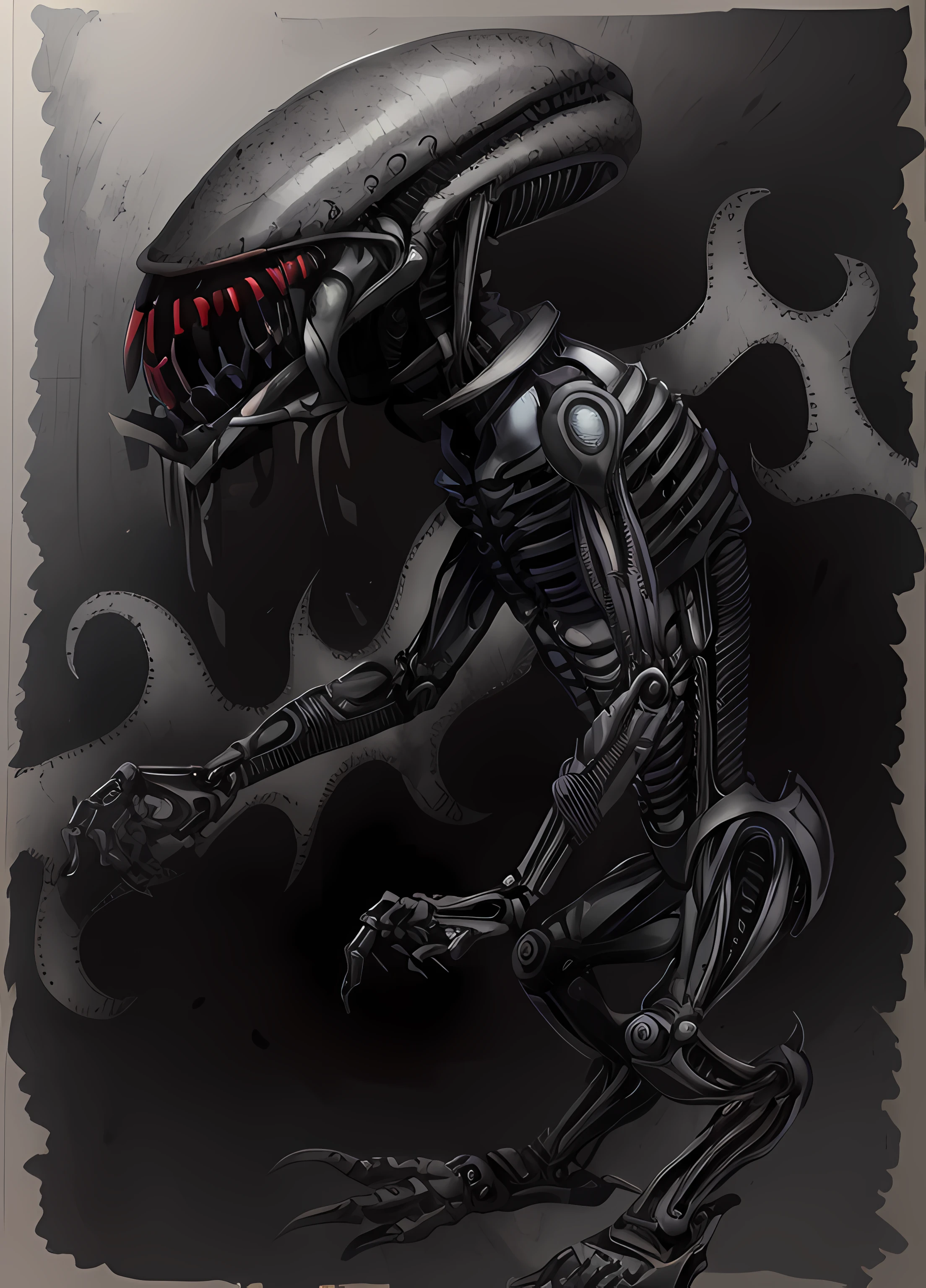 A drawing of an alien with a large head and a large body, biomechanical, black, realistic, 8K resolution