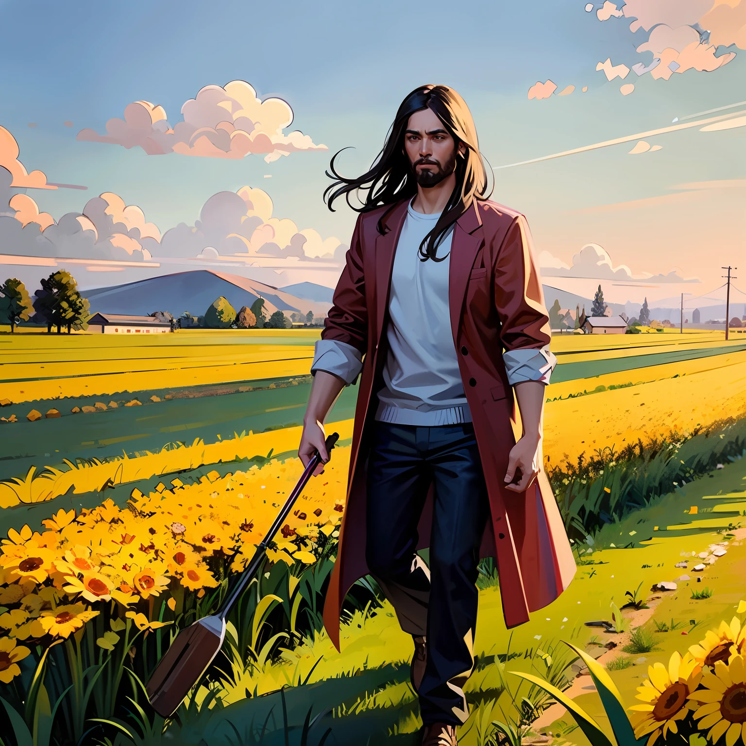 painting of Jesus Christ walking in the field in front of a village in Judea --auto