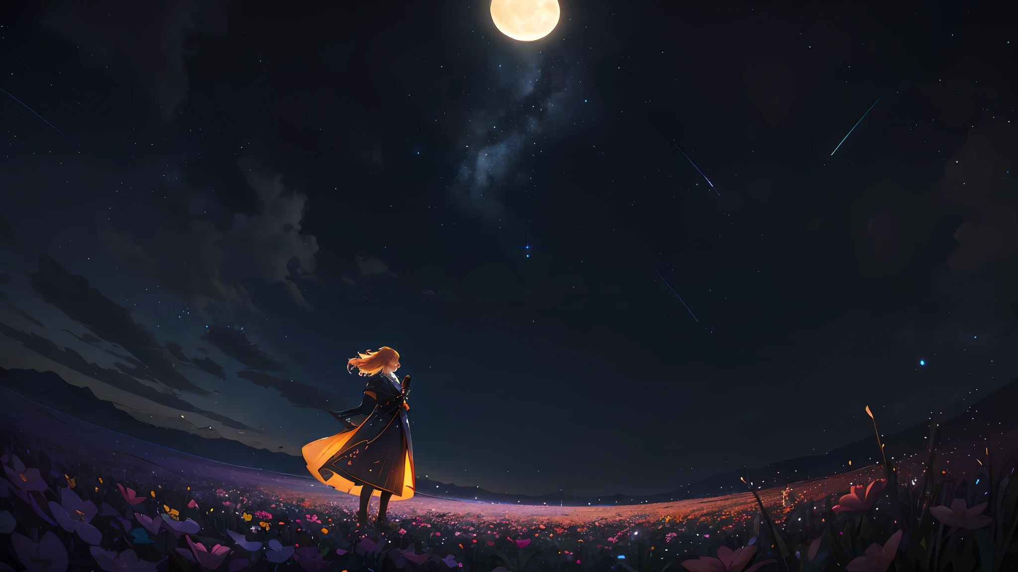 A wide landscape photo, (viewed from below, the sky is above, and the open field is below), a girl standing on a flower field looking up, (full moon: 1.2), (meteor: 0.9), (nebula: 1.3), distant mountains , Trees BREAK Crafting Art, (Warm Light: 1.2), (Firefly: 1.2), Lights, Lots of Purple and Orange, Intricate Details, Volumetric Lighting BREAK (Masterpiece: 1.2), (Best Quality), 4k, Ultra Detailed, (Dynamic Composition: 1.4), Rich in Detail and Color, (Rainbow Color: 1.2), (Glow, Atmospheric Lighting), Dreamy, Magical, (Solo: 1.2)