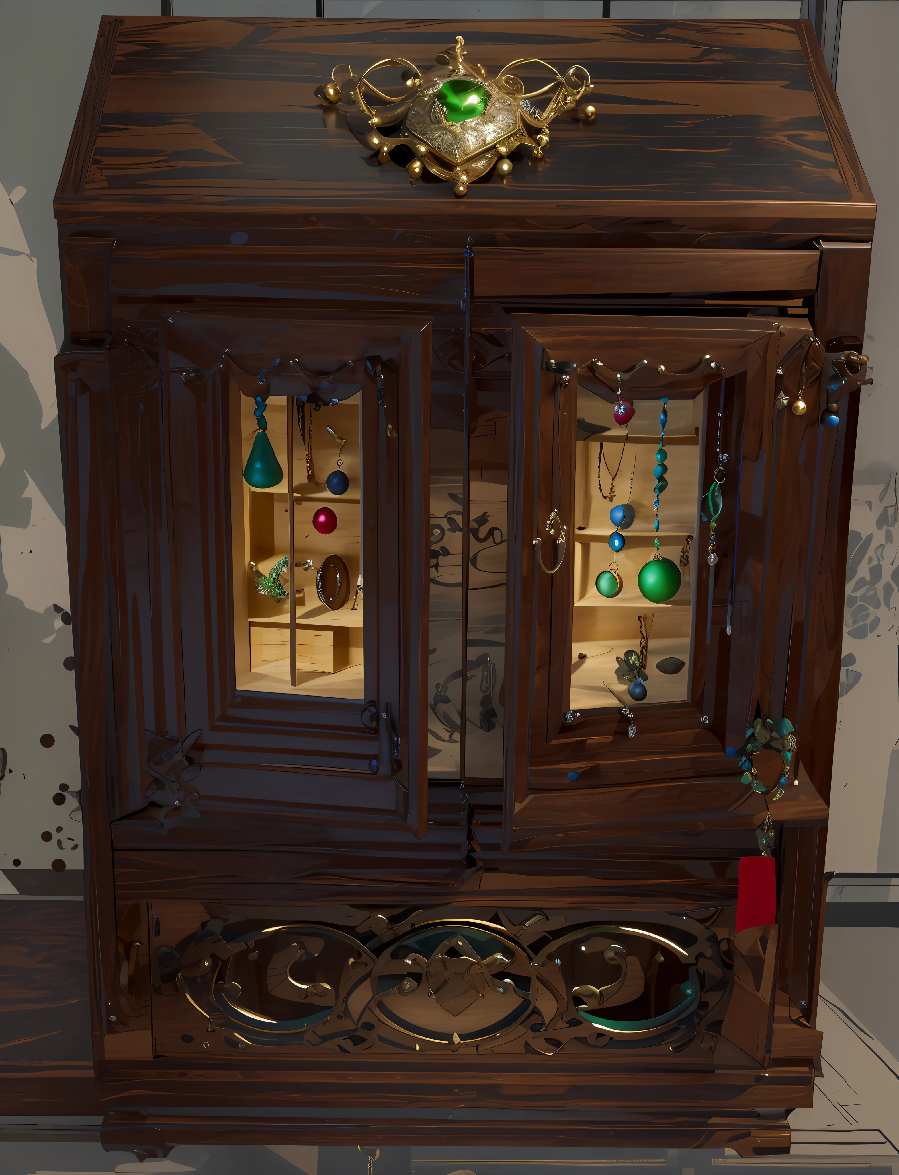 "A wooden cabinet with a bright green jewelry on top, depicted with stunning detail in a realistic high-quality image with 8k resolution."