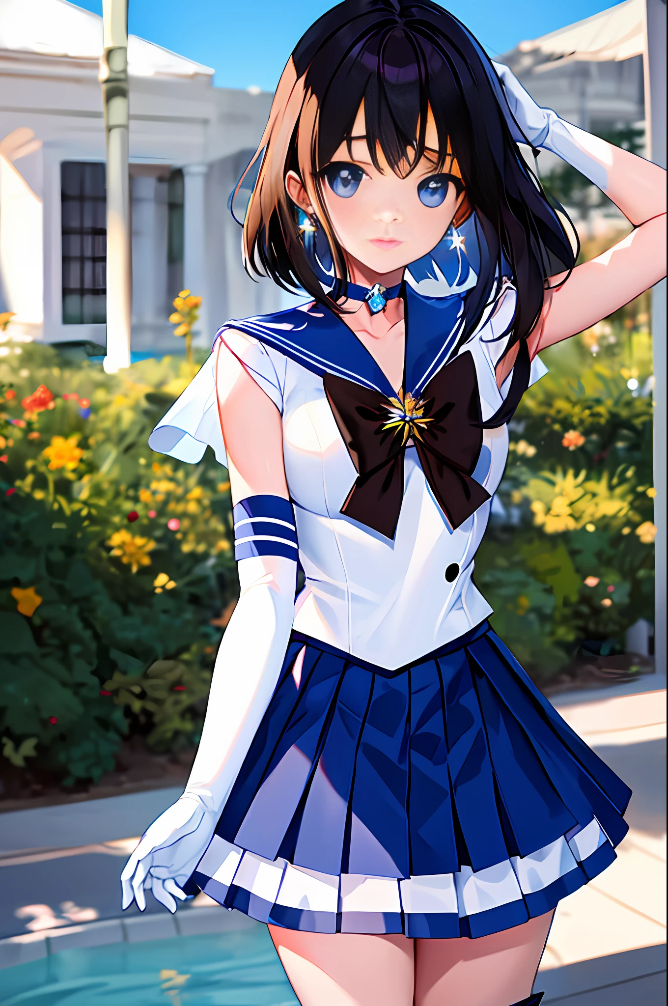 masterpiece, best quality, highres, mer1, tiara, sailor senshi uniform, blue skirt, blue sailor collar, tiara, bow, knee boots, choker, white gloves, blue choker, elbow gloves, jewelry, earrings, pleated skirt, cowboy shot, outdoors