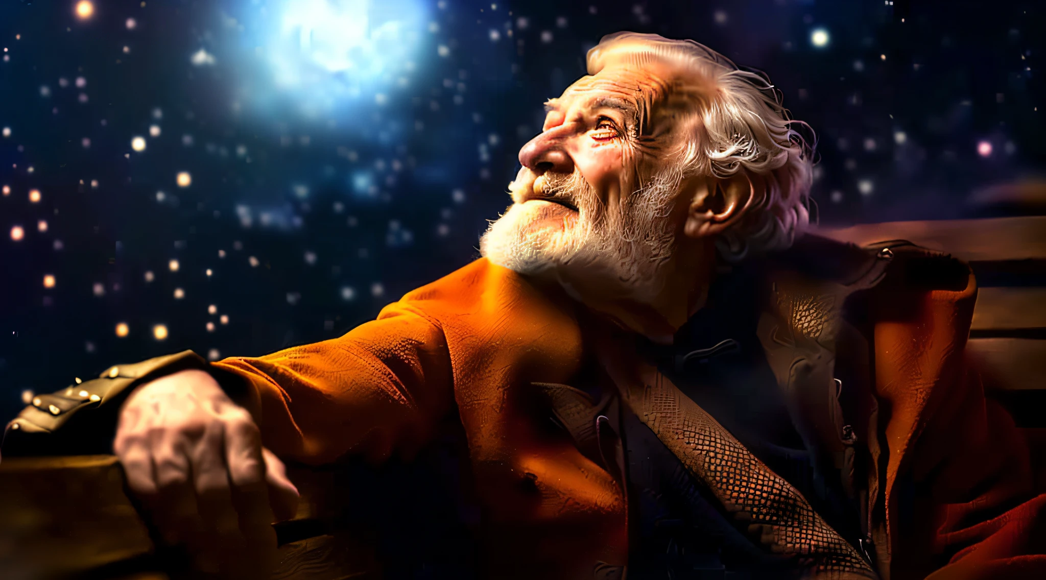 arafed man with a beard and a red coat sitting on a bench, wise old man, god of time and space, reaching towards the heavens, by Hristofor Zhefarovich, by Adam Marczyński, by Andrzej Wróblewski, by Alexander Kucharsky, portrait of a wizard, on a dark background --auto