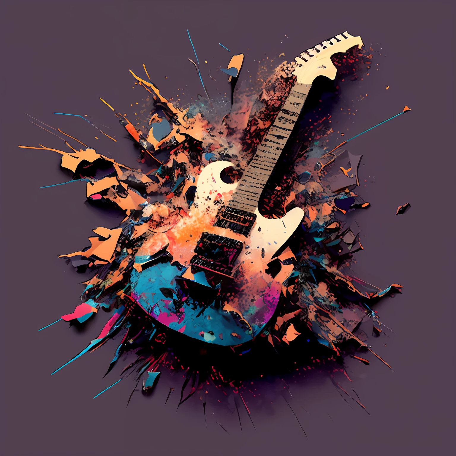 arafed guitar with colorful paint splatters on a purple background, electric guitar, highly detailed composition, rocking out, guitar concept art, art of alessandro pautasso, futuristic electric guitar, insanly detailed, rock music, exploding, lead guitar, energetic composition, colourful explosion, guitar solo, spectacular splatter explosion, music poster, high detailed art --auto