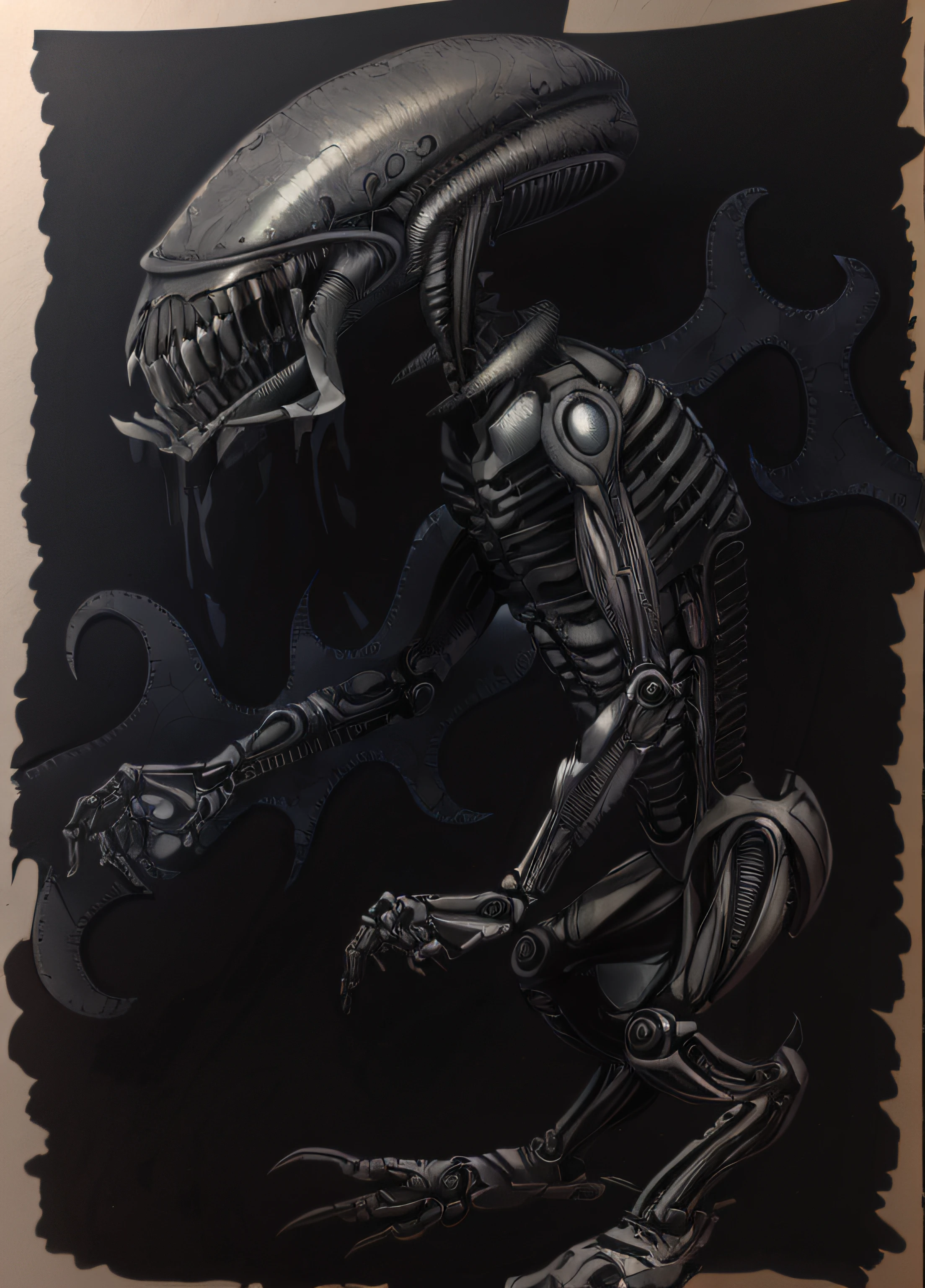 A drawing of an alien with a large head and a large body, biomechanical, black, realistic, 8K resolution