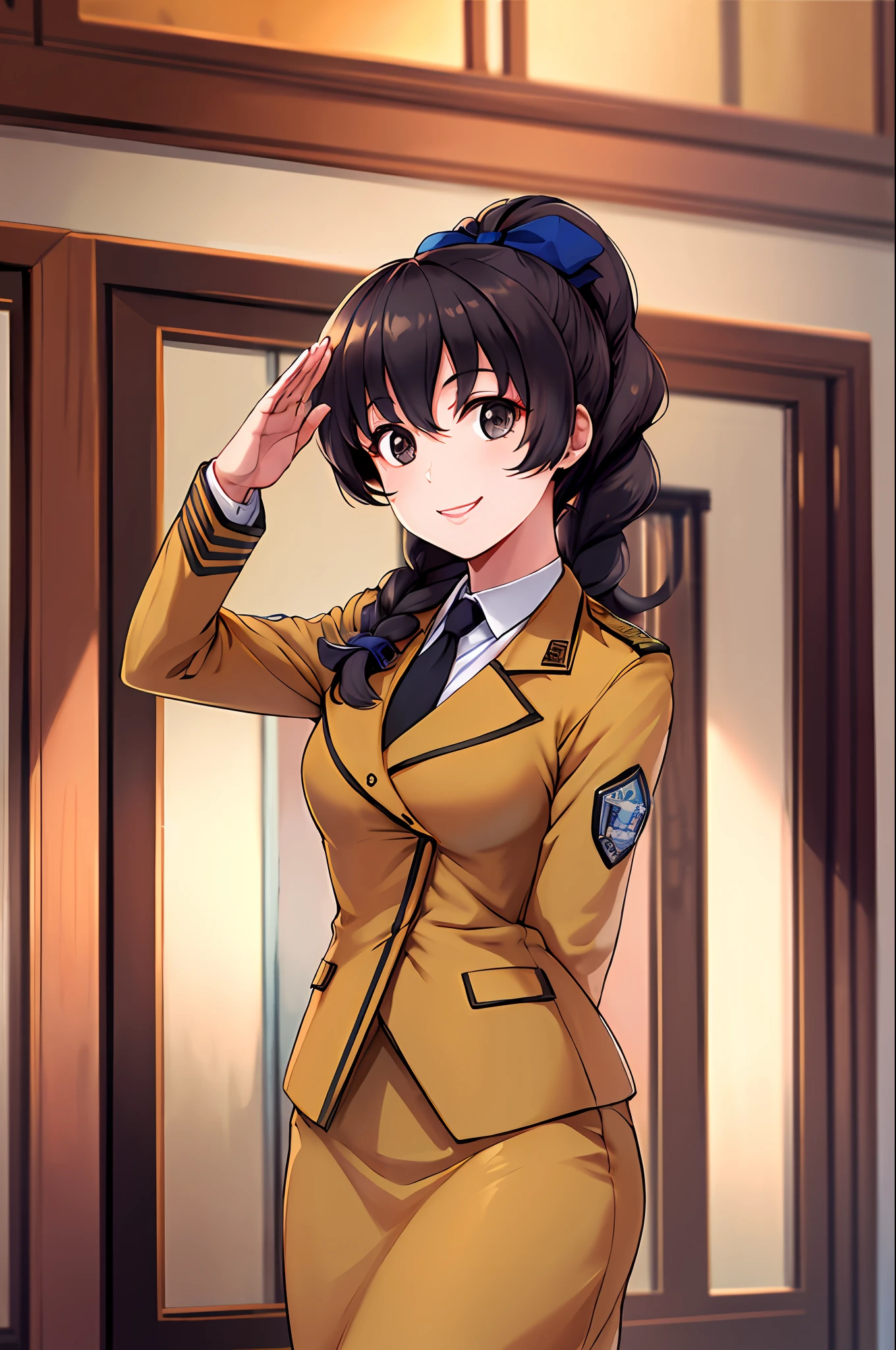 masterpiece, best quality, highres, 1girl, solo, military uniform, long hair, curly hair, ponytail, hazel eyes, brown hair, black necktie, blue bow, brown skirt, salute, smile, indoors, cowboy shot