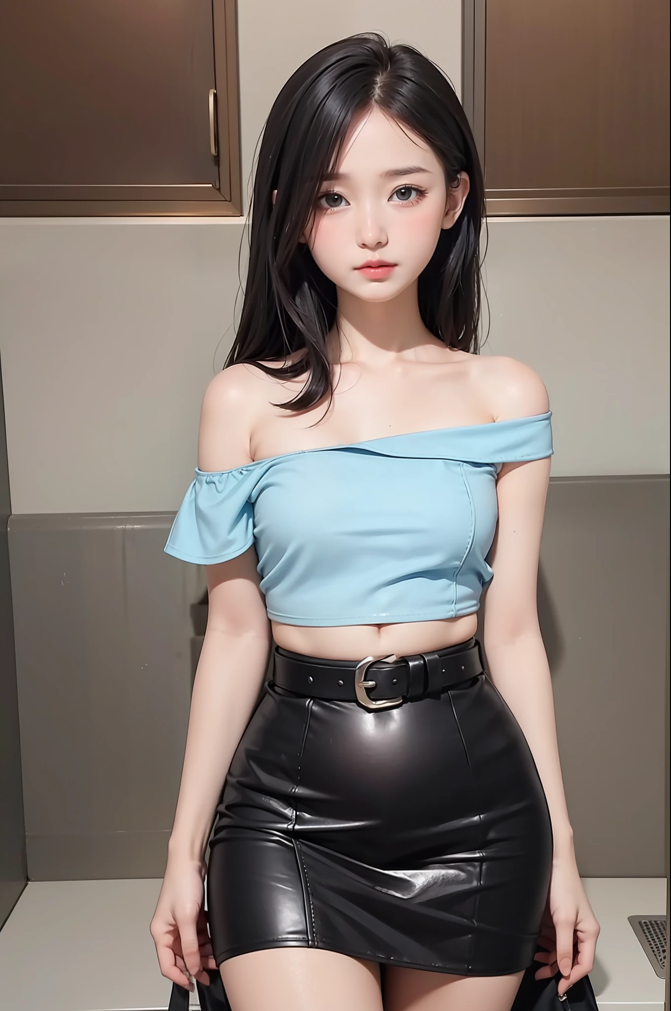 (best quality, super detailed, illustrations, masterpieces),
Riverside, 1 girl, petite and cute, small man's waist, vest line, collarbone, pear-shaped body, small hand coordination, soft little hands, leather skirt, exquisite belt, tight socks, open belly button, tight sleeveless off-the-shoulder shirt, clothes are not exposed,