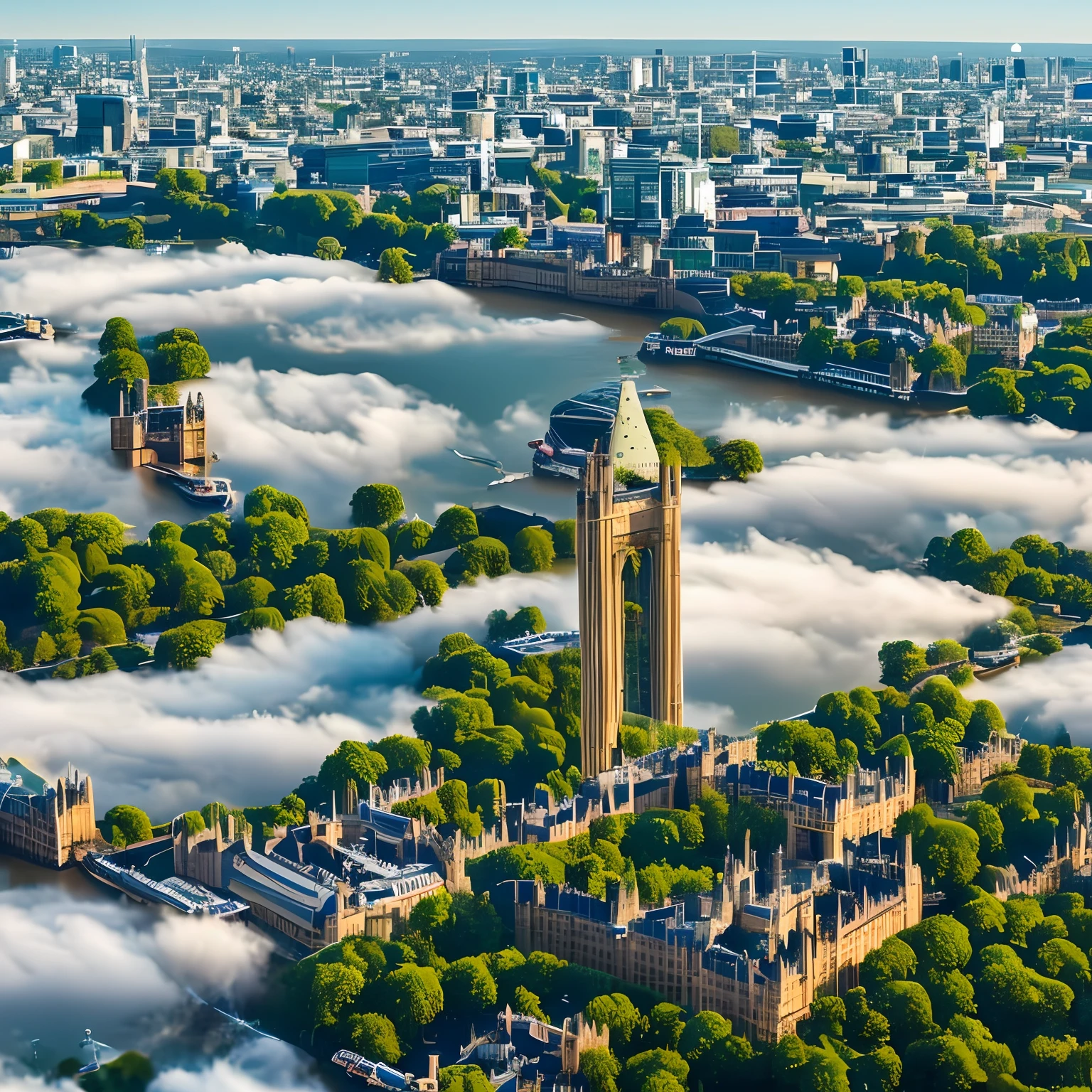 London tower with futuristic architect, clear sky partly cloudy, lots of plants, drone view, ultra realistic, 8k resolution, magnificent detail. --auto