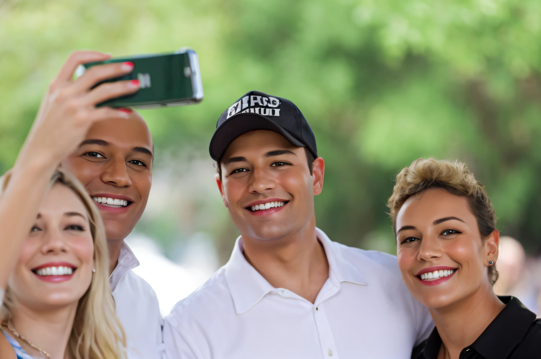 people smiling looking at a phone, selfie
