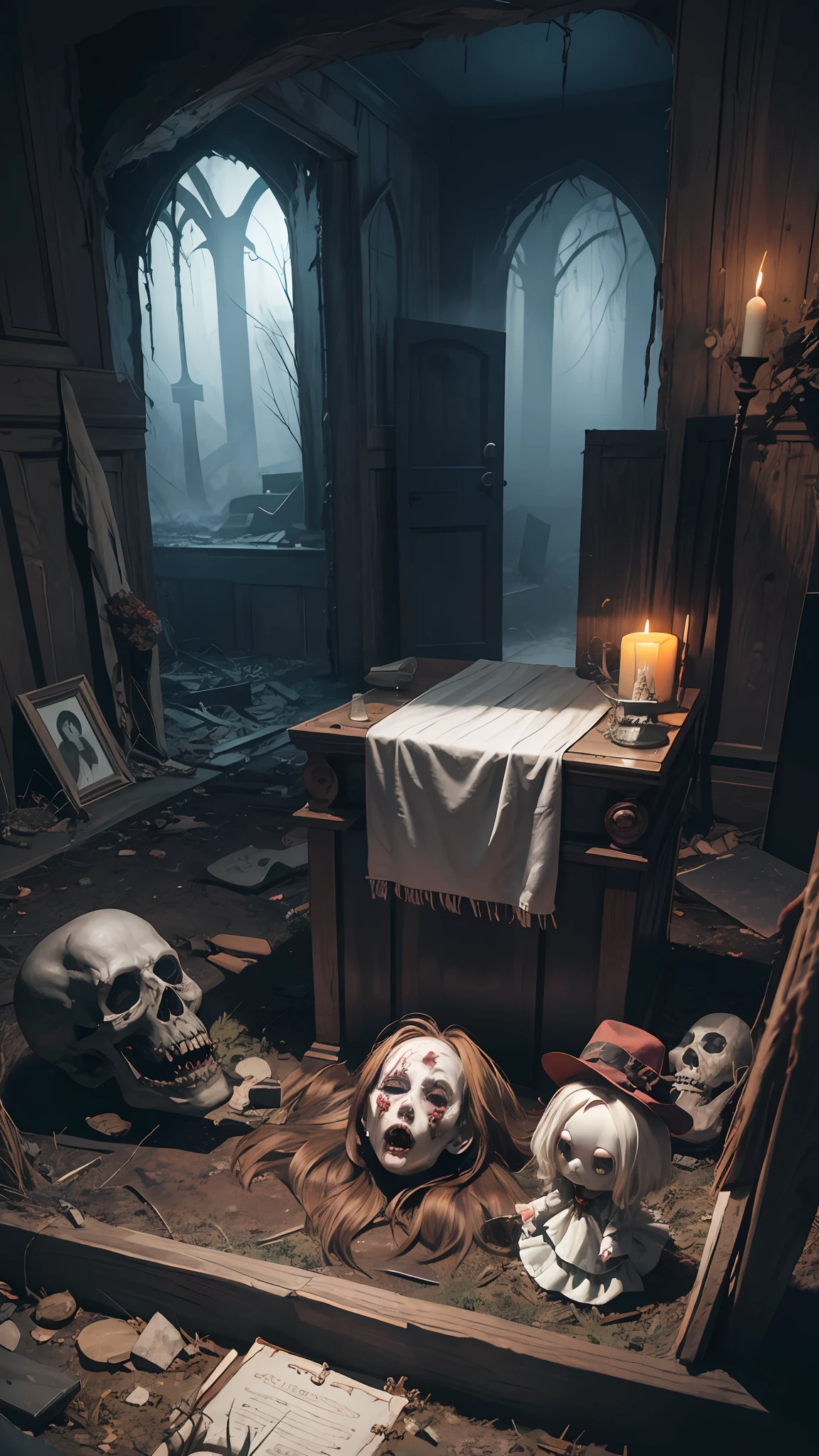 Haunted graveyard,Sinister shadows,Creepy abandoned house,Malevolent spirits,Bloodcurdling screams,Cursed dolls,Terrifying clowns,Macabre rituals,Grave robbers,Chilling whispers,Possessed mirrors,Haunted paintings,Creaking floorboards,Mysterious disappearances,Forbidden rituals