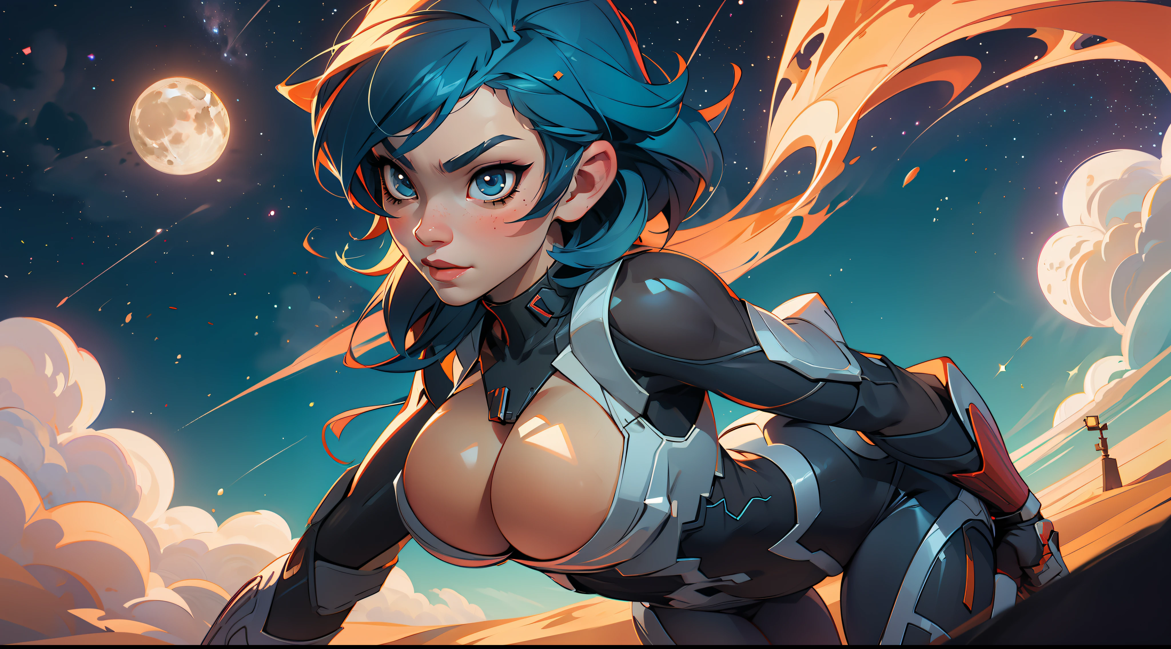 1 girl, ig model, taimanin, ninja, igawa asagi, asagi, bodysuit, action pose, lewd face, sexy, cleavage, armpits, large breasts, wide hips, thick thighs, muscles, abs, realistic, ray traced, desert, sand, night, stars, moon, clouds