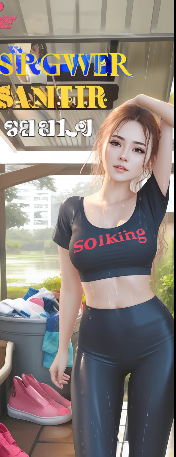 beautiful woman, soakingwetclothes, thoroughly drenched, wet clothes, wet leggings, wet top, wet body, slippery, very wet, wert hair, realistic, best quality,