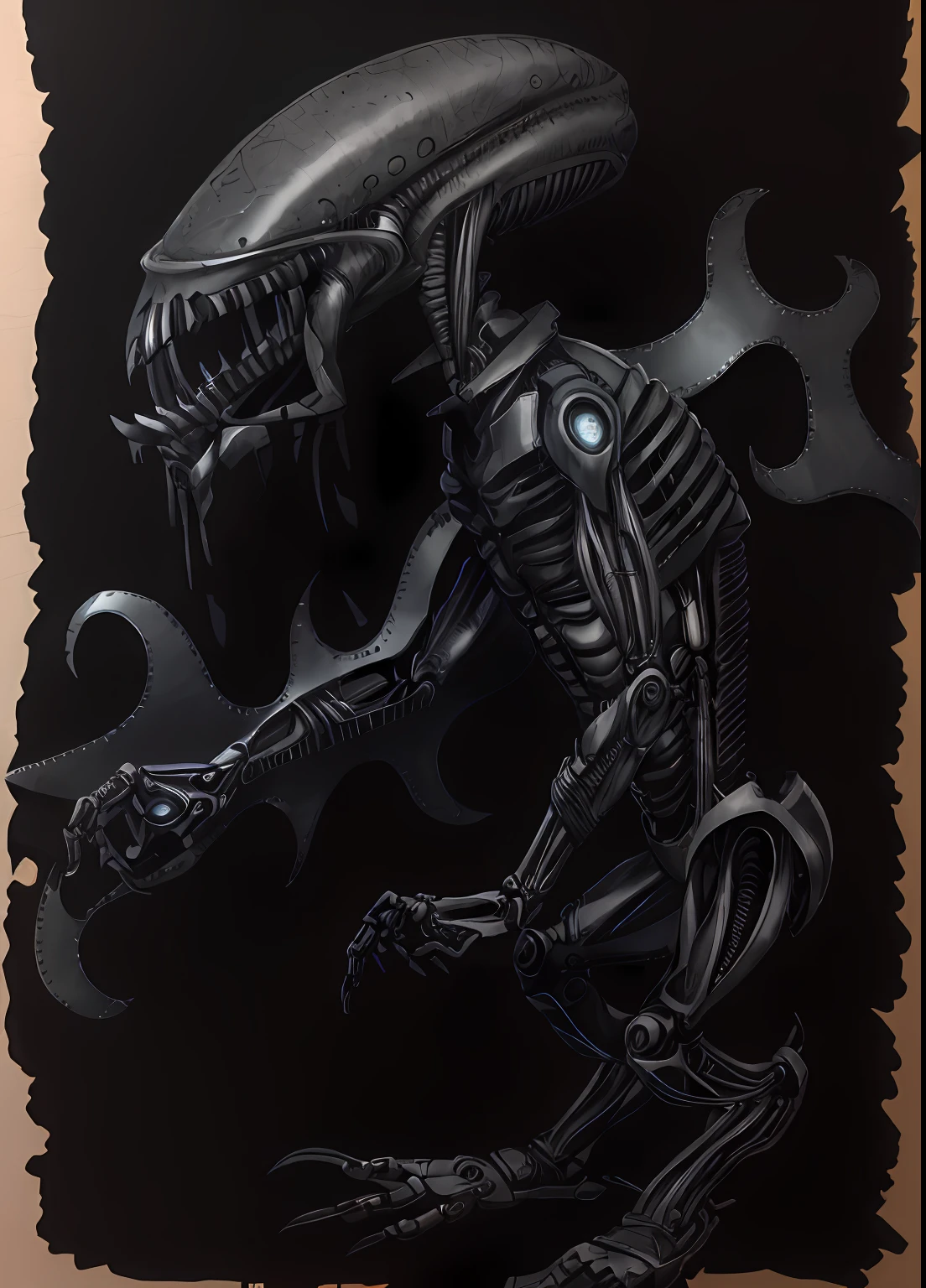 A drawing of an alien with a large head and a large body, biomechanical, black, realistic, 8K resolution