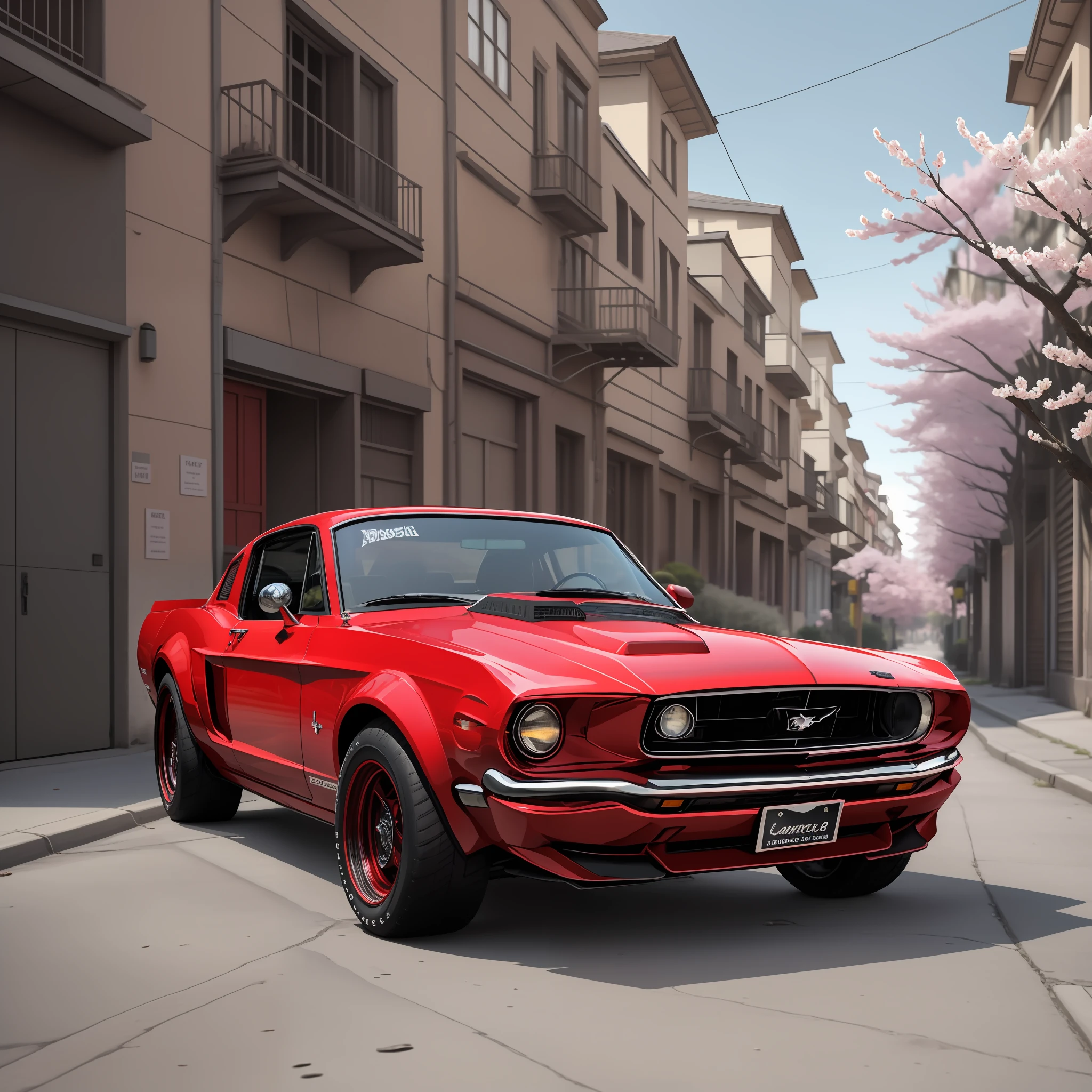 A gorgeous red and black 1967 Ford Mustang stands majestically in the middle of an alley of cherry blossoms, offering remarkable quality and ultra-precise details. The rendering in 8k, balanced and made with Octane Render, is simply breathtaking