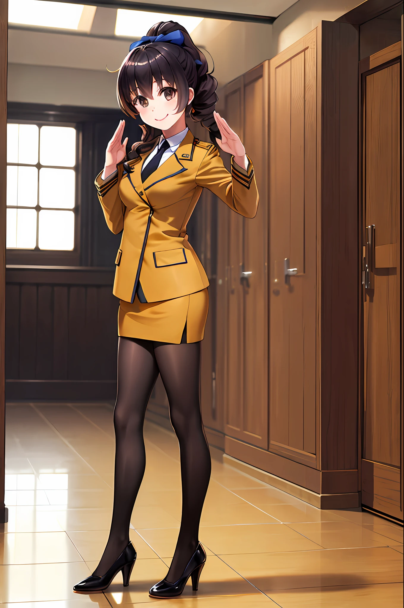 masterpiece, best quality, highres, 1girl, solo, military uniform, long hair, curly hair, ponytail, hazel eyes, brown hair, black necktie, blue bow, brown skirt, salute, smile, indoors, cowboy shot, full body, black high heels