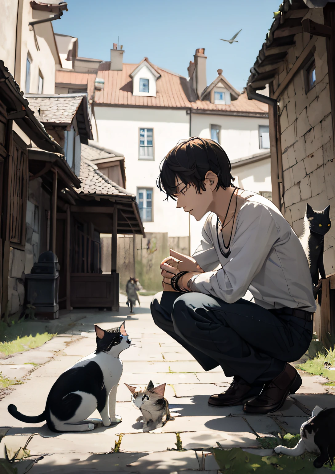boy, 8 , dark hair and dark eyes, orphanage in the background, surprised face, on his knees, talking to the cat, looking at the cat, medieval white shirt, medieval style, ancient period, leather strap on both wrists, best quality, various cats, birds, 2ants, blue necklace on hands, looking at the cat, talking