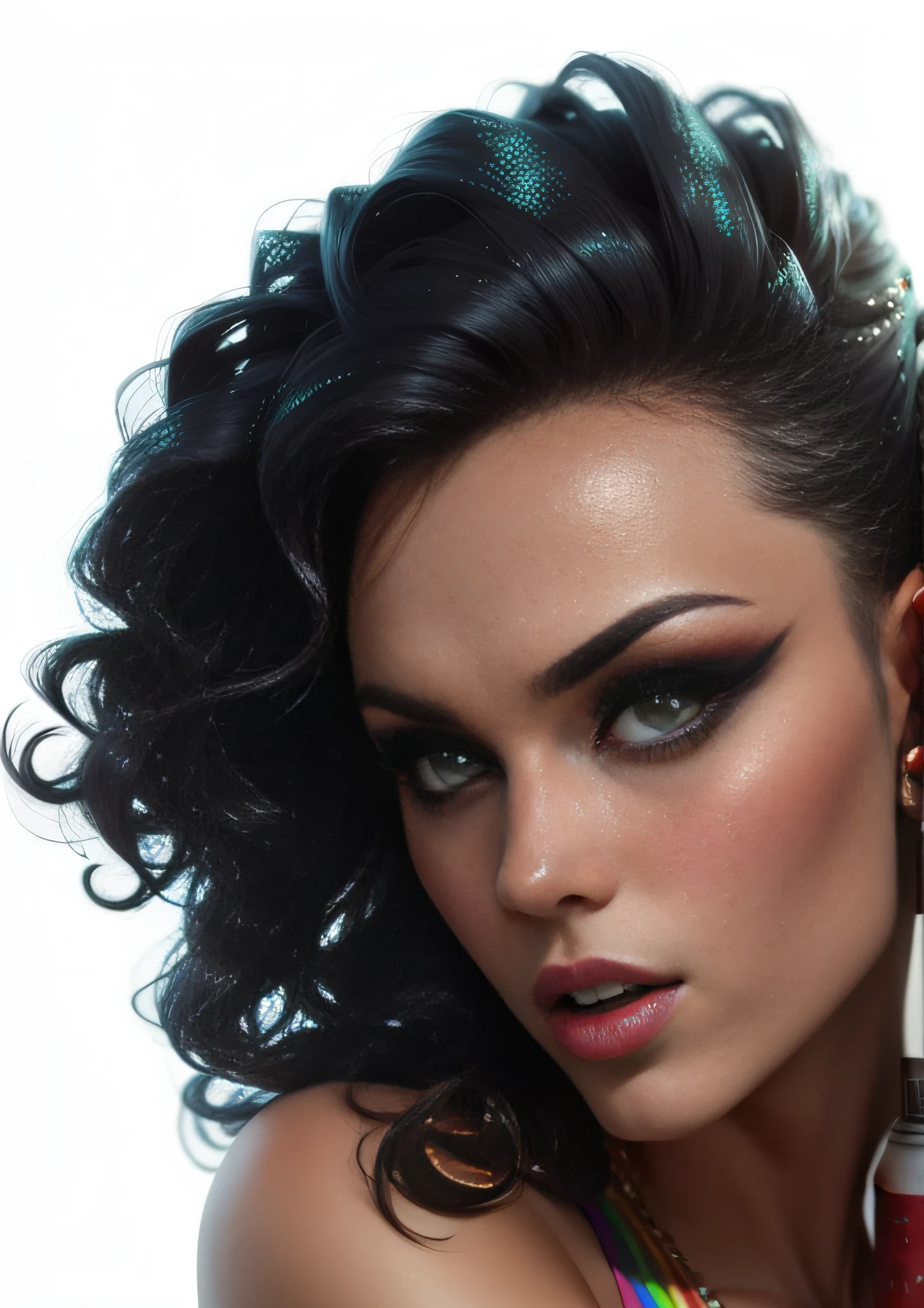 Generate a creative image from the submitted face, in which the character looks like a pop diva singer, drag race LGBT with Coca Cola behind, colorful soda --auto