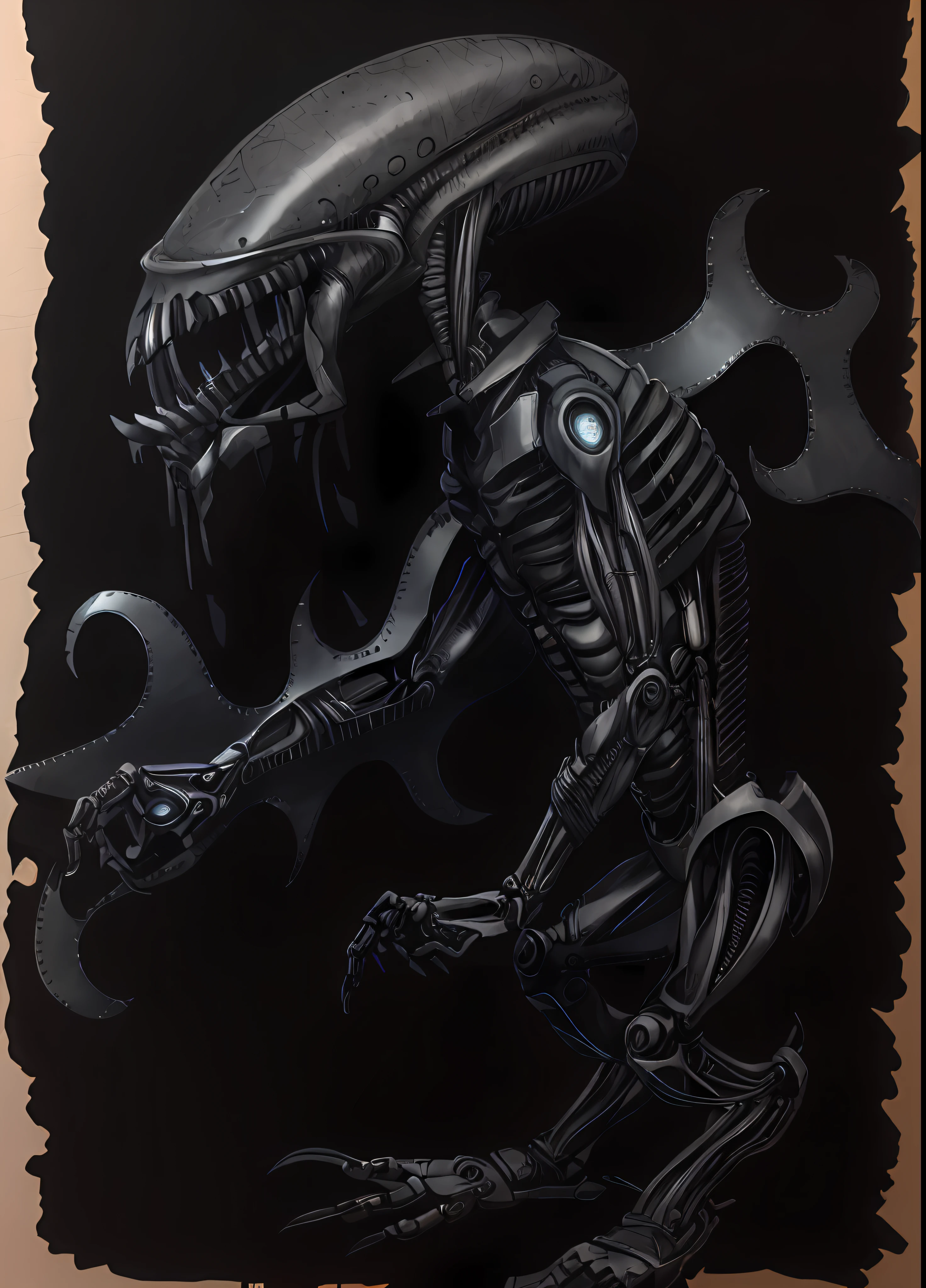 A drawing of an alien with a large head and a large body, biomechanical, black, realistic, 8K resolution