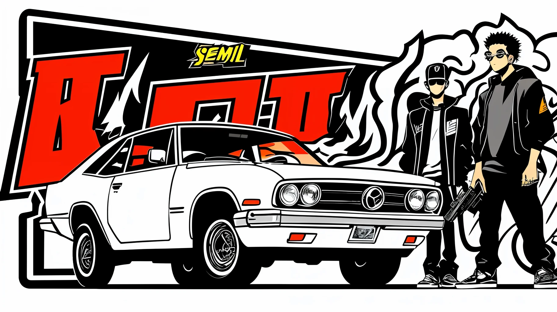 arafed drawing of two white-skinned teenage boys holding semi-automatic weapons, smoking, A closeup of a photo of two young men in front of a car, rap album cover art, hip-hop album cover, rap album cover, detailed cover cover, hip hop album cover, album cover style, promotional art, hip hop album cover art, chibi, animated style, simplistic, smoke, money, 2d, unreal, graffiti style, simplistic, akira art style, cartoon style illustration, badass pose, random artist, animated style, simple cartoon style, cartoonish and simplistic, manga style --auto