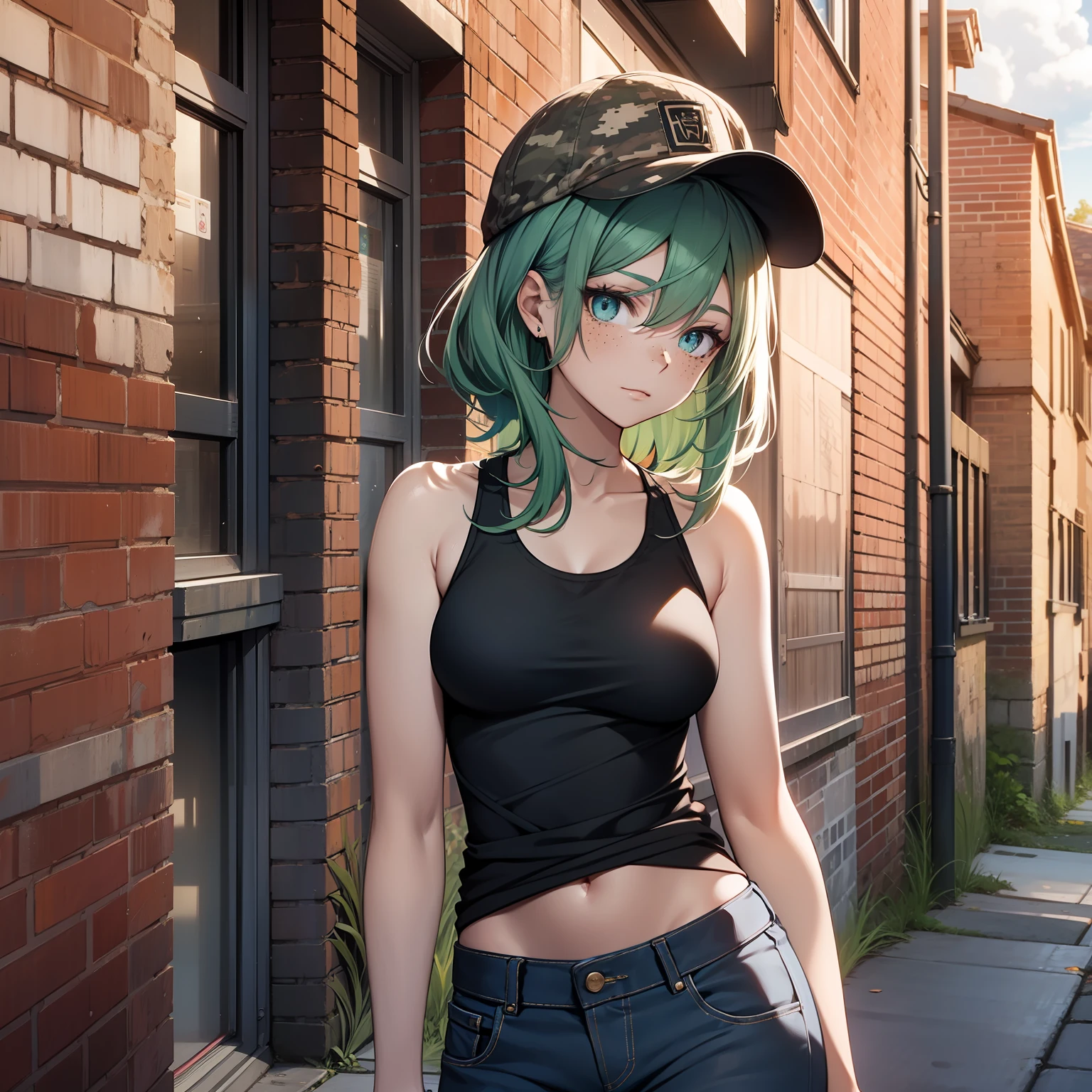 A woman, , face with freckles, green hair, blue eyes, black tank top shirt, cap of England, camouflaged pants, in an alley, watching a cat, cloudy weather, brick wall, looking at the viewer, full body in art, 4k, masterpiece, detailed face, good anatomy