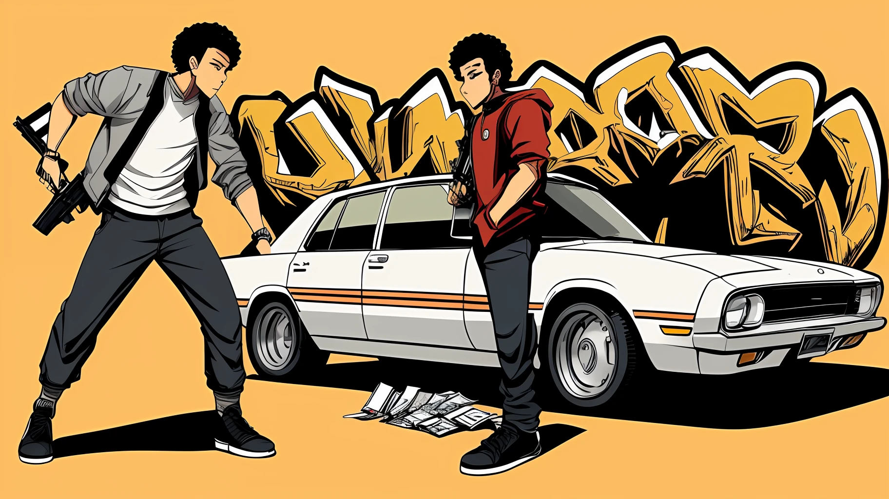 arafed drawing of two white-skinned age boys holding semi-automatic weapons, smoking, A closeup of a photo of two young men in front of a car, rap album cover art, hip-hop album cover, rap album cover, detailed cover cover, hip hop album cover, album cover style,  promotional art, hip hop album cover art, chibi, animated style, simplistic, smoke, money, 2d, unreal, graffiti style, simplistic, akira art style, cartoon style illustration, badass pose, random artist, animated style, simple cartoon style, cartoonish and simplistic, manga style --auto