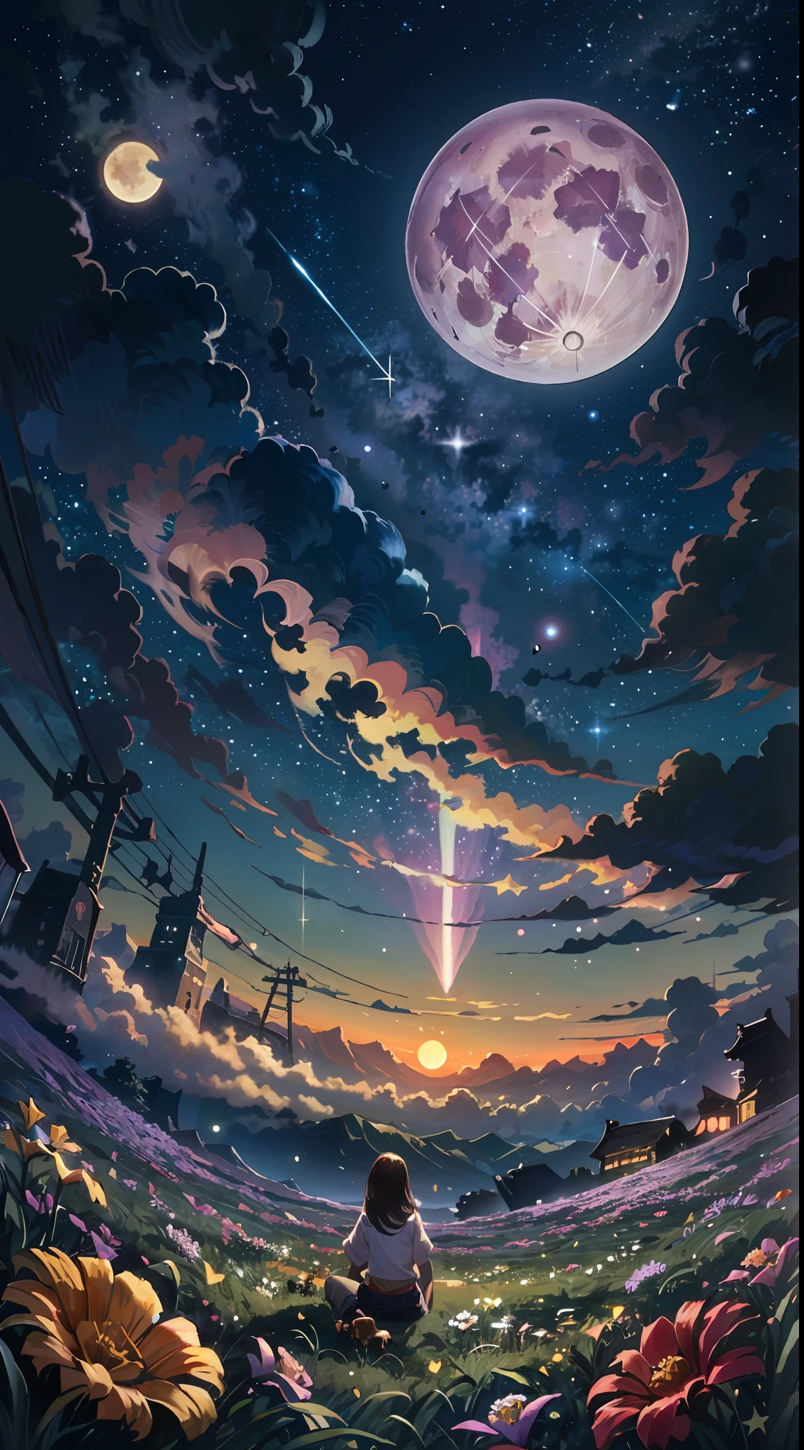 ((A illustration of a very vast fantastic starry sky and mysterious landscape)), masterpiece, BREAK , best quality, ultra detailed, hyper realistic, 16k, high resolution, BREAK , Design an image with a fisheye lens effect, capturing a wide field of view with a distinctive, curved perspective. BREAK , (dutch angle:1.2), BREAK , (Dynamic Composition:1.3), (Viewed from below:1.4), (Wide shot from back:1.4), (zoomed out:1.2), BREAK , (A woman with medium straight hair is sitting in a field of flowers with her dog Cavalier King Charles Spaniel and looking up at the sky:1.5). BREAK , Midnight starry sky, (Yellow full moon:1.3), (Meteor shower:1.3), (Cloud:1.2), Distant mountains, Trees, Fireflies, BREAK , Colorful vibrant starry sky, blue tone, moonlight, Beautiful bright purple and blue and orange and yellow lighting, Glow Lighting, Atmospheric Lighting, Cinematic lighting, Sparkle, Glowing light, Award-winning, Concept art,