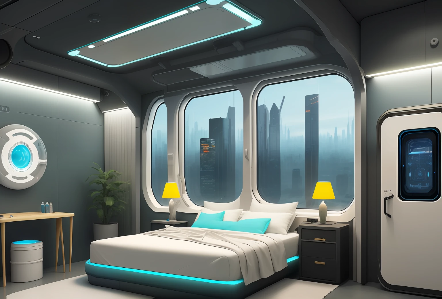 。 Sharp edges, Tiffany blue, gray-orange, white and gold. A sci-fi bedroom in a space base, with a futuristic city skyline out the window, Octane returns. 8 Background Future Alloy Synthetic Plastic Bed and Table Virtual Reality Interactive Cabin Smart Home Appliances Brain Plug Flower pot suspended in mid-air Nutrient solution liquid characteristics brought out of the virtual interactive cabin Smart home at work Wipe used towels on the body Unfinished parts on the 3D printer Plugs placed anywhere Indicator light that is being used when the bathroom lights up Water mist on the door