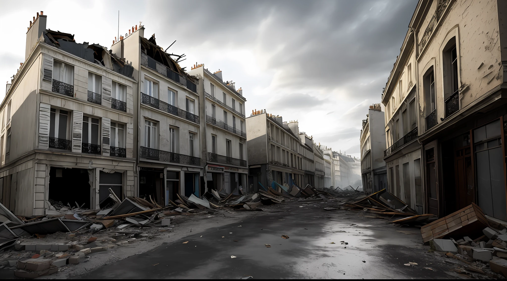 Paris Ruined houses with crumbling buildings and debris-filled streets, depicting the aftermath of destruction, Ultra 8k texture quality,grey weather, Realism,cinematic lighting, volumetric lighting,detailed,Background blur