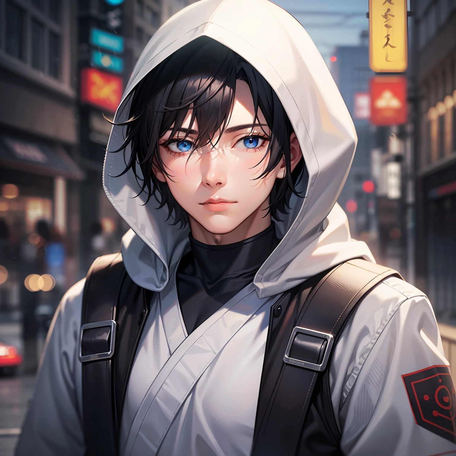 kk, best quality, more details, masterpiece, 1boy, satoru gojo, portrait, male focus, blue eyes, solo, fringe, looking at viewer, hood, short hair, rain, Kaizen Jujutsu \(city\), hood, nail polish, black hair, luxurious, 8k, detailed, ray tracing, depth of field, cinematic lighting