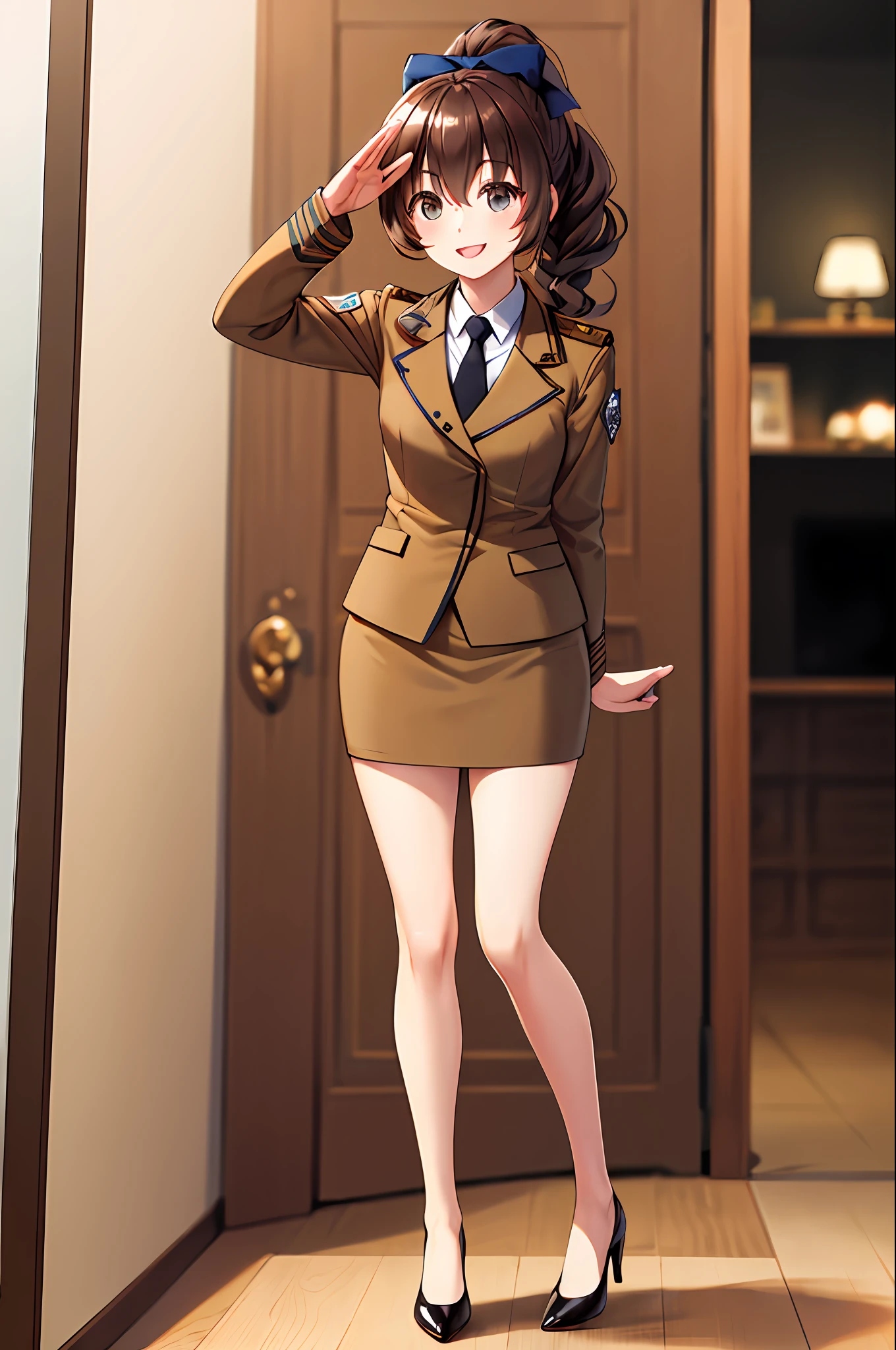 masterpiece, best quality, highres, 1girl, solo, military uniform, long hair, curly hair, ponytail, hazel eyes, brown hair, black necktie, blue bow, brown skirt, salute, smile, indoors, cowboy shot, full body, bare legs, black high heels