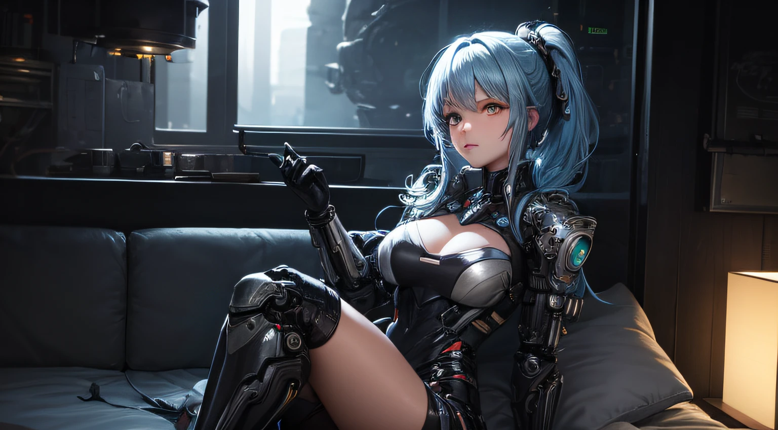 (((masterpiece))), (((best quality))), ((ultra-detailed)), (highly detailed CG illustration), ((an extremely delicate and beautiful)), cinematic light,((1girl)), solo, (upper body), (character focus), absurdres, high contrast, extreme detailed,colorful,highest detailed, science fiction, nanosuit, high ponytail, (light blue hair), yellow eyes, knee boots, (spacecraft interior), mechanical limbs, large breasts, metal wire,