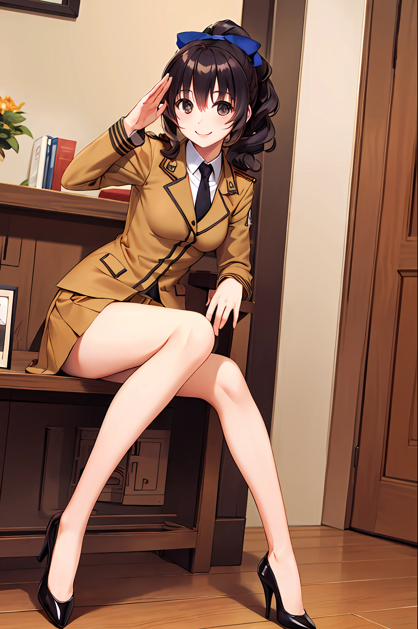 masterpiece, best quality, highres, 1girl, solo, military uniform, long hair, curly hair, ponytail, hazel eyes, brown hair, black necktie, blue bow, brown skirt, salute, smile, indoors, cowboy shot, full body, bare legs, black high heels