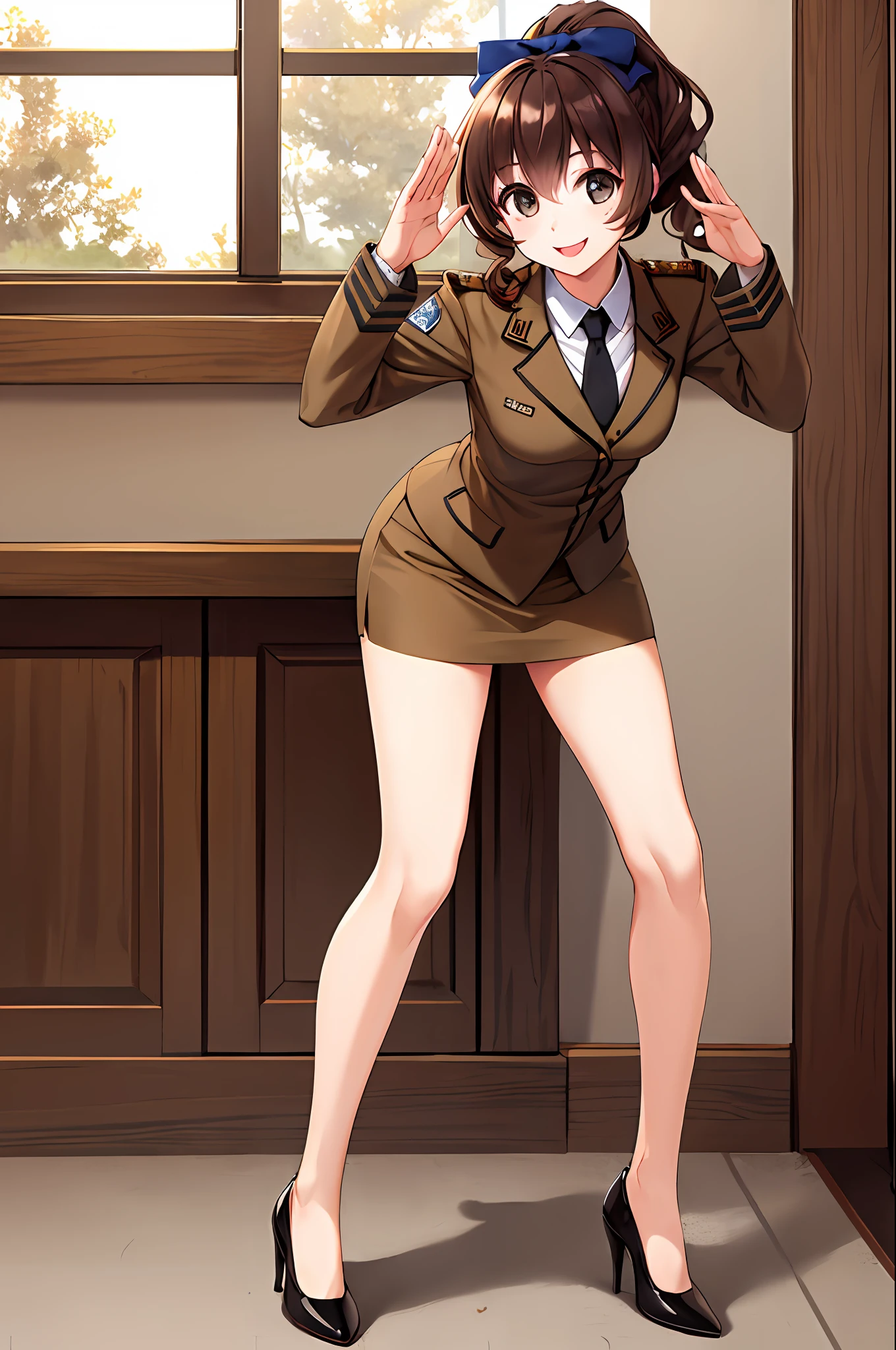 masterpiece, best quality, highres, 1girl, solo, military uniform, long hair, curly hair, ponytail, hazel eyes, brown hair, black necktie, blue bow, brown skirt, salute, smile, indoors, cowboy shot, full body, bare legs, black high heels