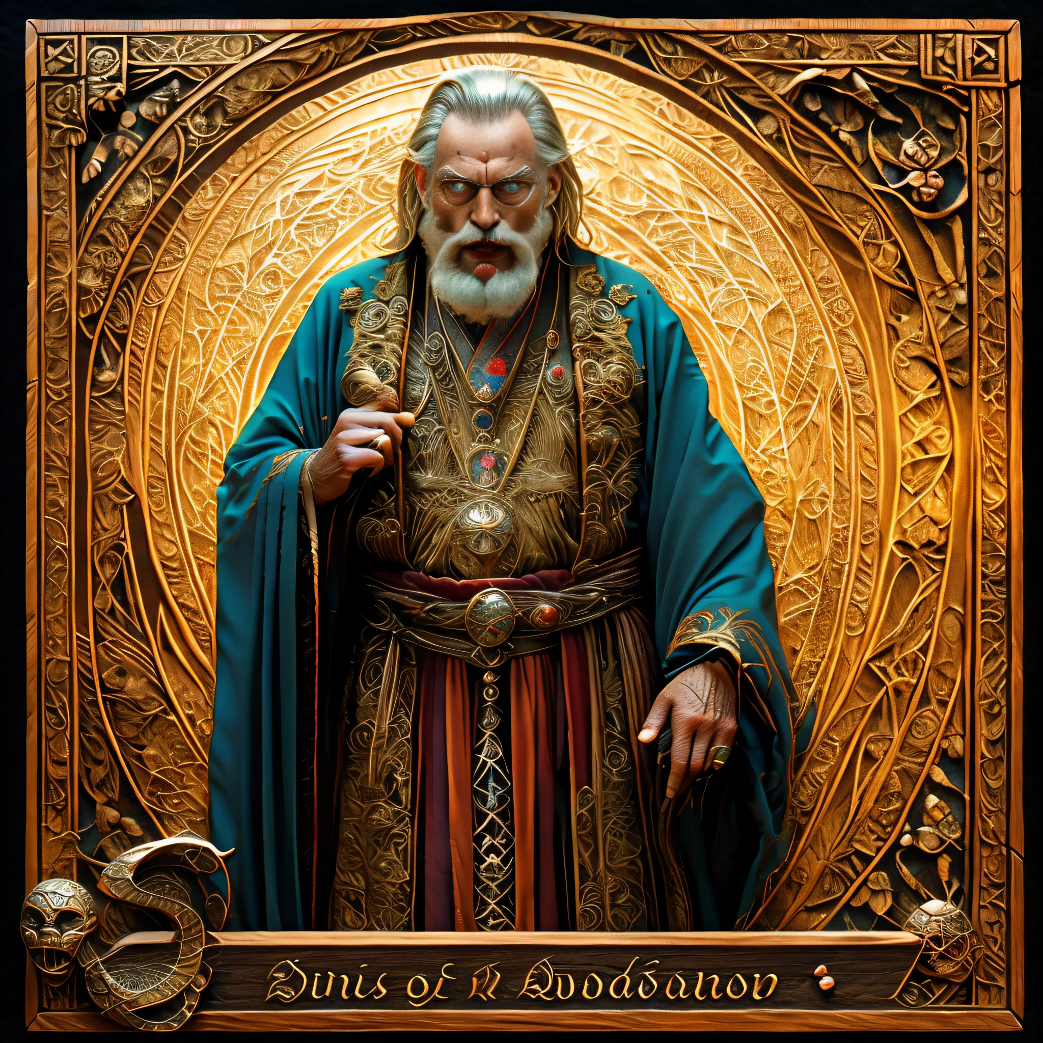 "The magician is an old man with long white beards that go down to his chest. His eyes are wise and penetrating, with a serene and tranquil expression. He wears a dark, worn robe, adorned with mystical symbols and ancient riddles. In his hand, he holds a dark wooden staff, carved with runes and encrusted with a shiny stone on top. An air of wisdom and experience surrounds him, emanating an aura of power and respect." , an open book with intricate details and open, floating. --auto