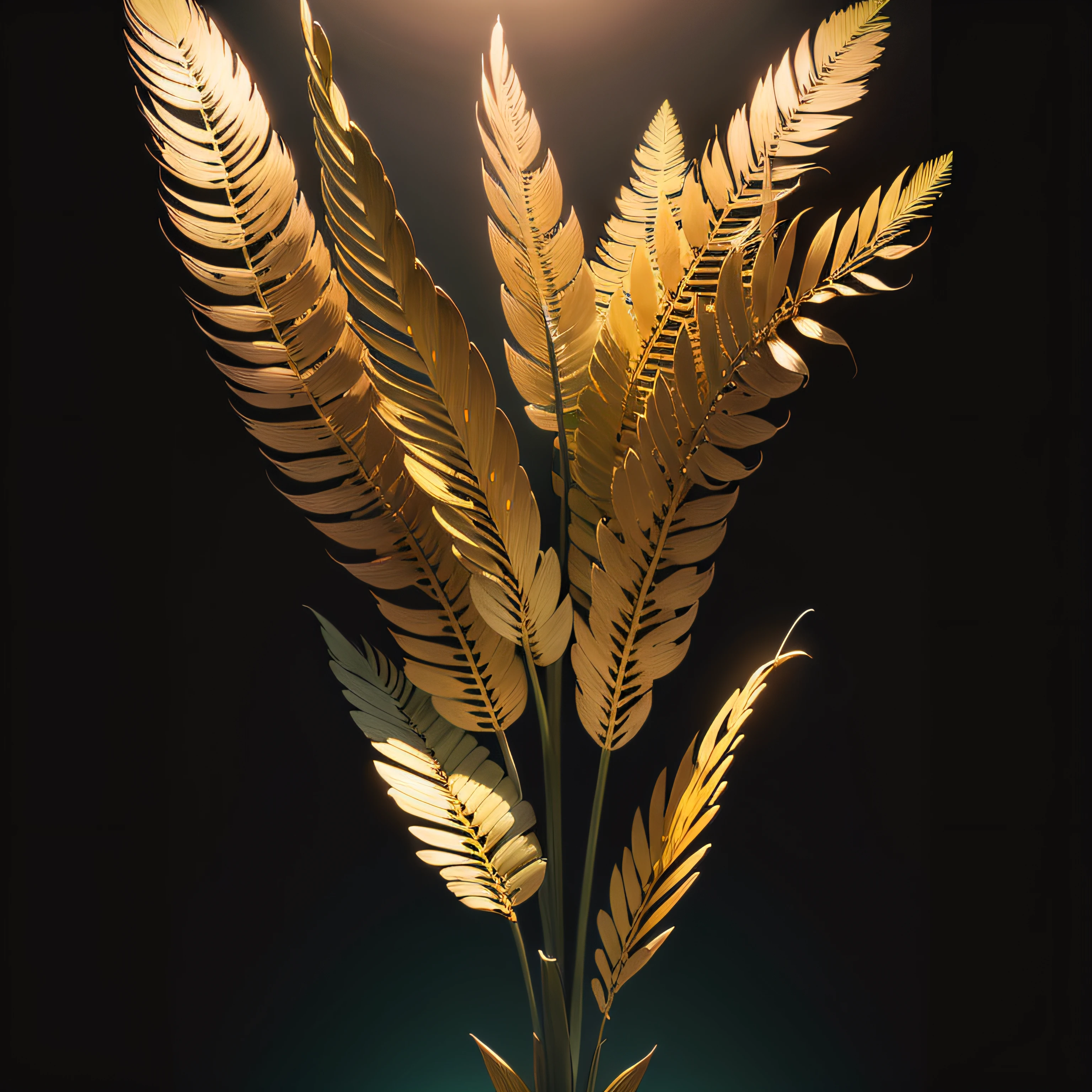 golden palm plant, golden gold, black background, pure gold leaves, with reliefs on the highlighted leaves, golden gold, no humans --auto