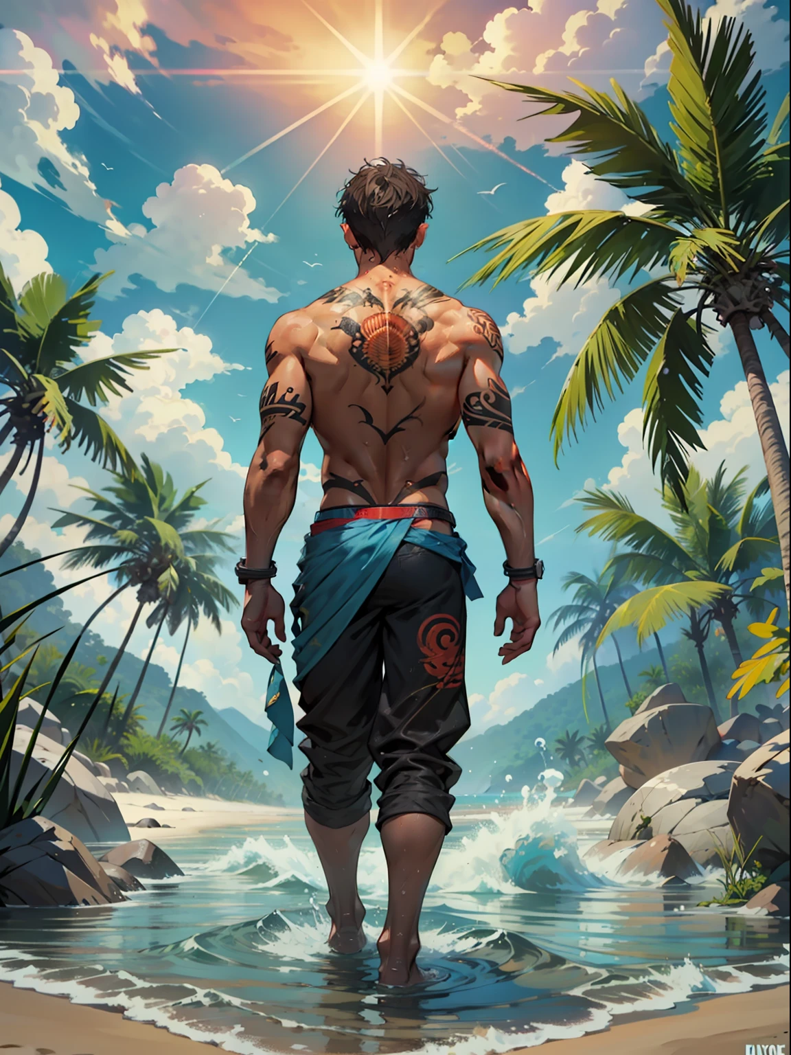 epic movie poster, volcano erupting, award winning (full body:1.3) portrait photo of a (mann:1.2), (seashell men's bikini:1.2), (water god :1.2), tribal tattoos, (wading:1.2) in the pacific (ocean:1.1), arms behind head, (partially submerged shot:1.2), (waves:0.9), desert island background, palm trees, beach,fluffy clouds in the sky, outrun, vaporware, trending on artstation, highly detailed, fine detail, intricate, (lens flare:0.9), (backlighting:0.9), (bloom:0.9), [Style-Micro::10]